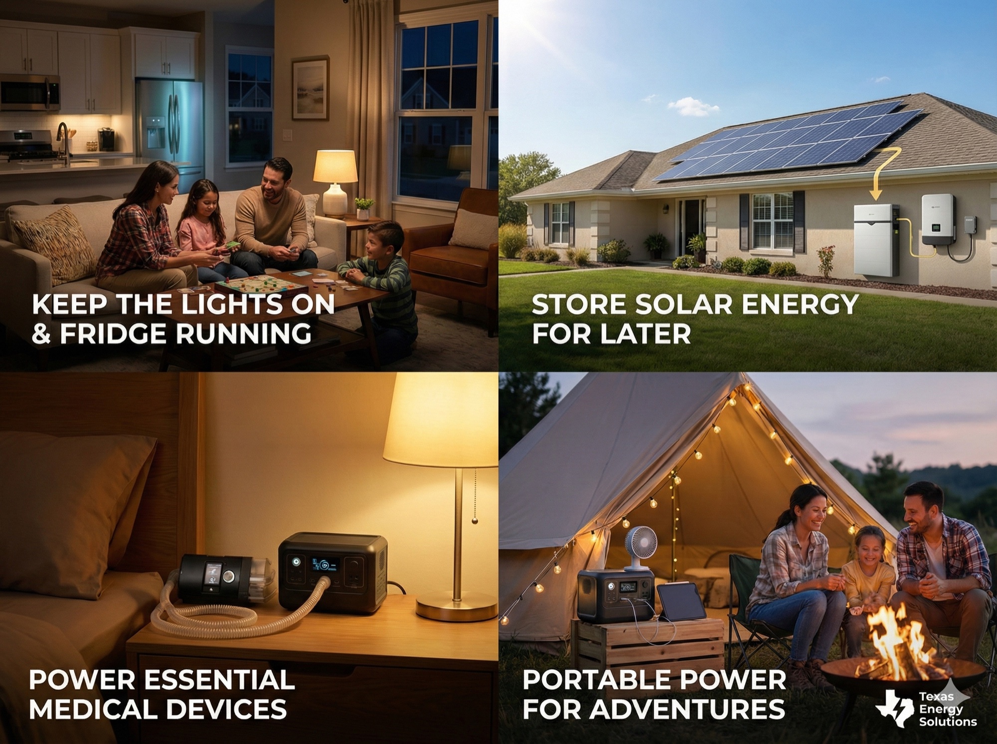 Four use cases for battery backup - home outage protection, solar integration, medical device power, and outdoor camping