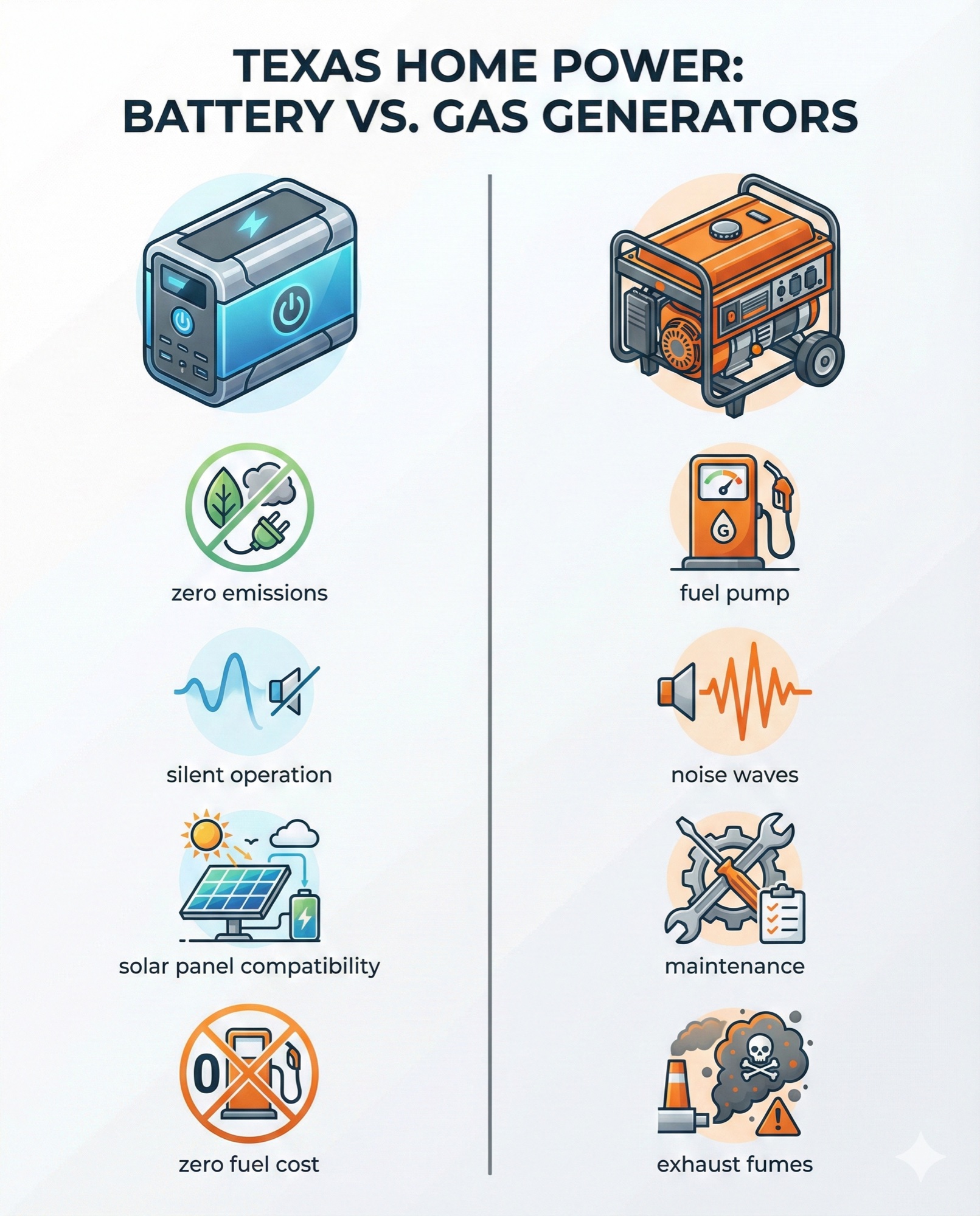 Visual comparison of battery backup systems versus gas generators showing benefits and considerations