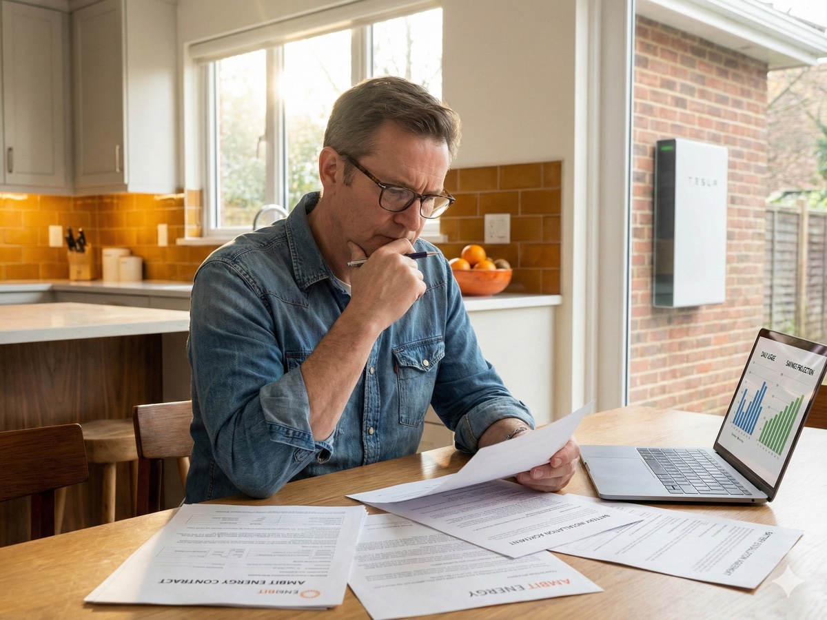 Homeowner reviewing energy contract documents with battery installation visible