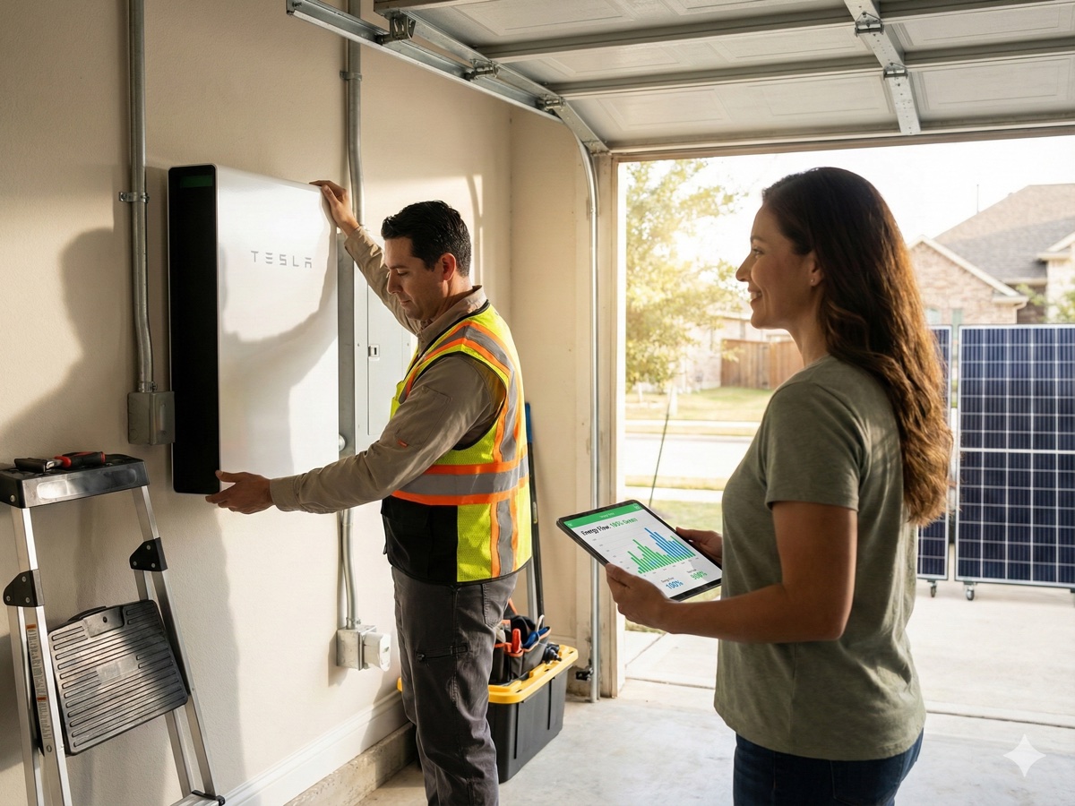 Professional battery installation at Texas home with installer and homeowner