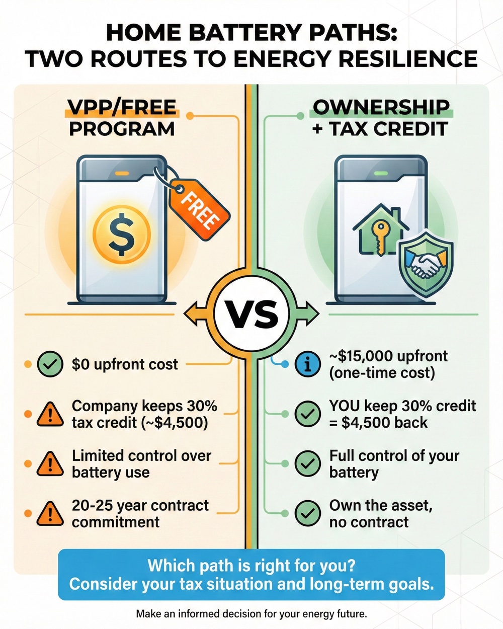 Comparison infographic showing free battery program versus ownership path costs and benefits