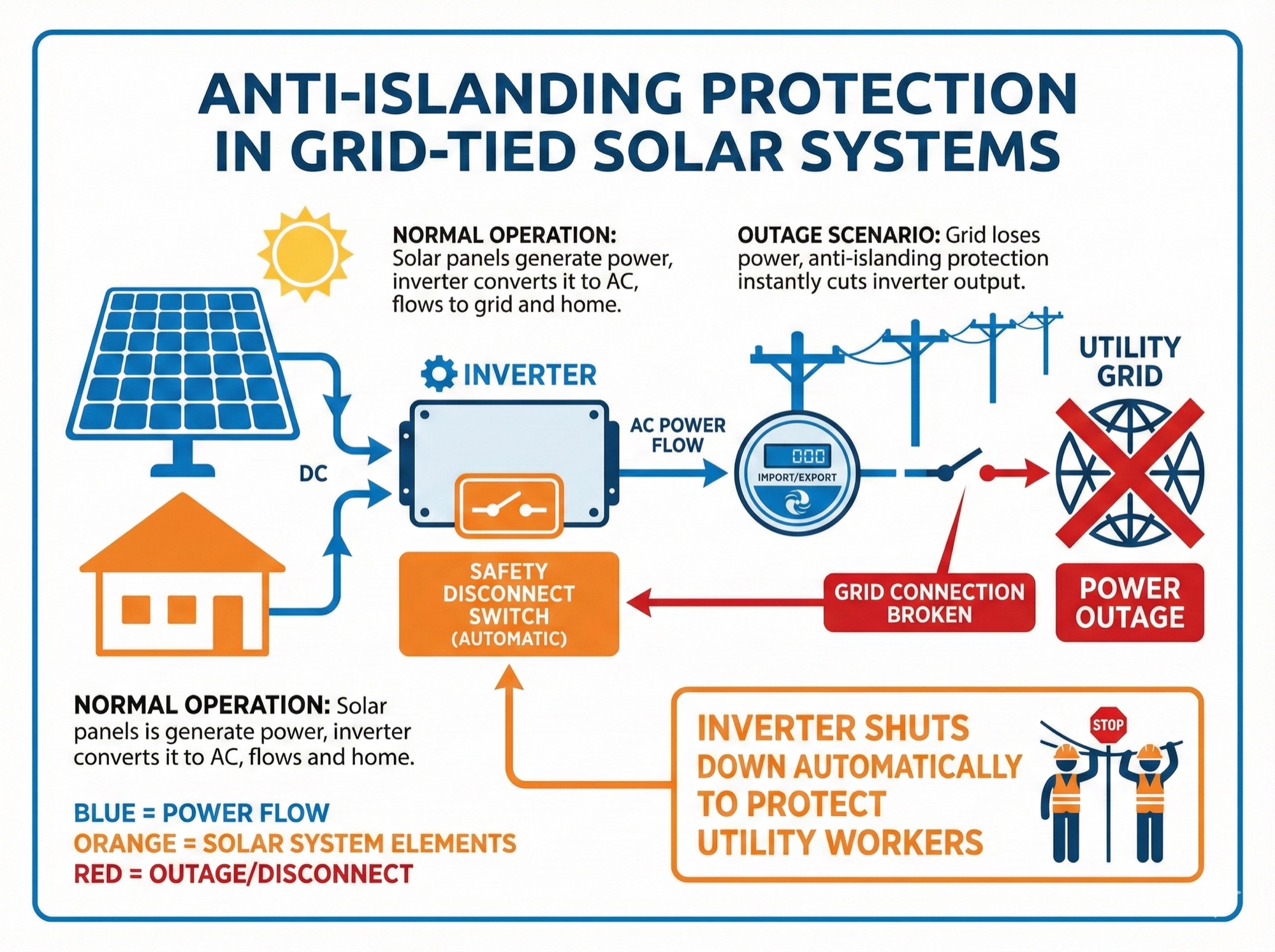 Diagram showing how anti-islanding protection disconnects solar panels from the grid during power outages