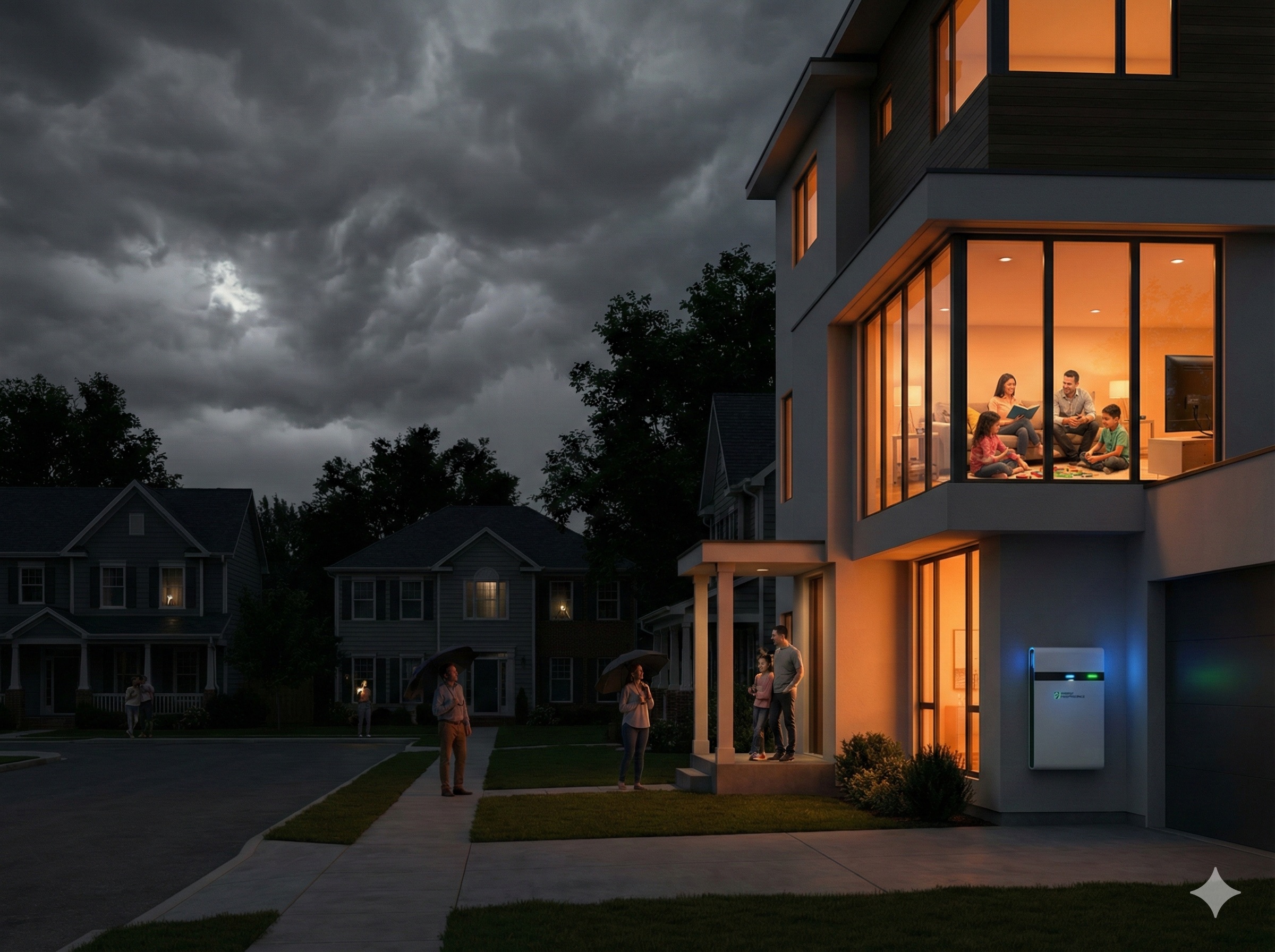 Texas neighborhood during power outage with one home powered by solar storage