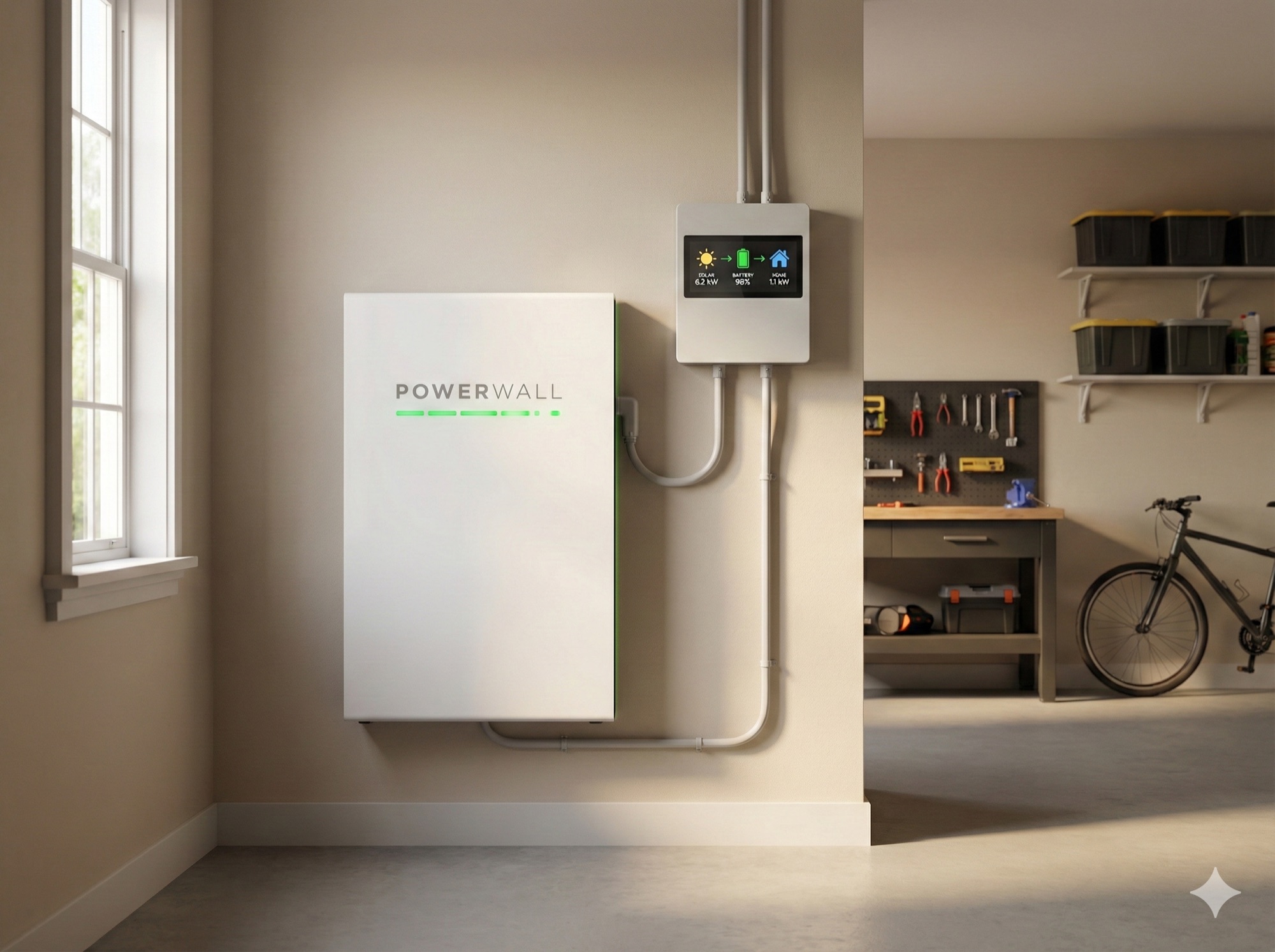 Home battery storage system connected to solar panels providing backup power during Texas grid outages