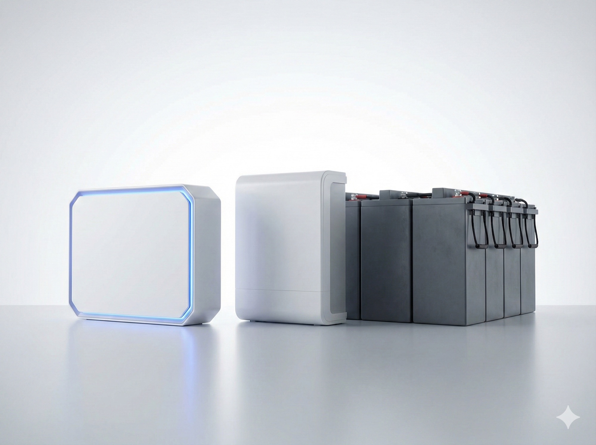 Comparison of three solar battery types: modern LFP, compact lithium-ion, and bulky lead-acid batteries