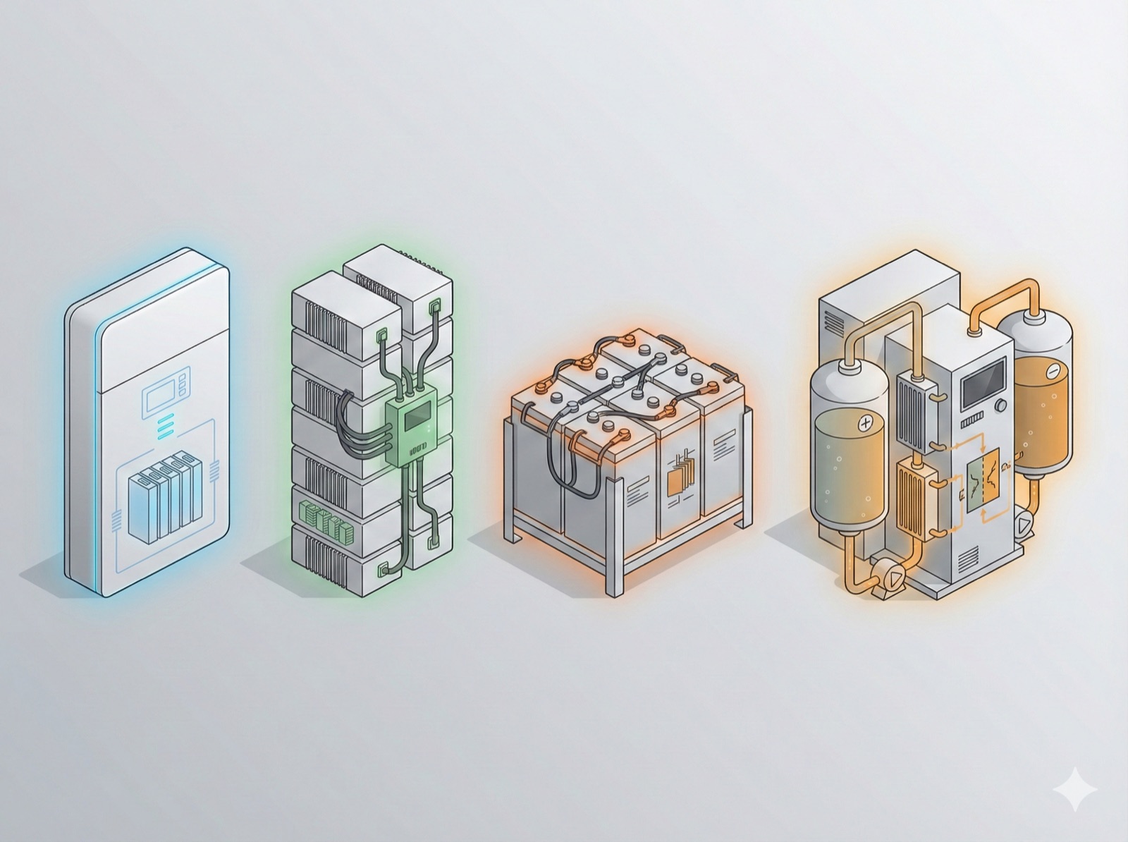 Comparison of four solar battery types for home use: lithium-ion, modular, lead-acid, and flow battery