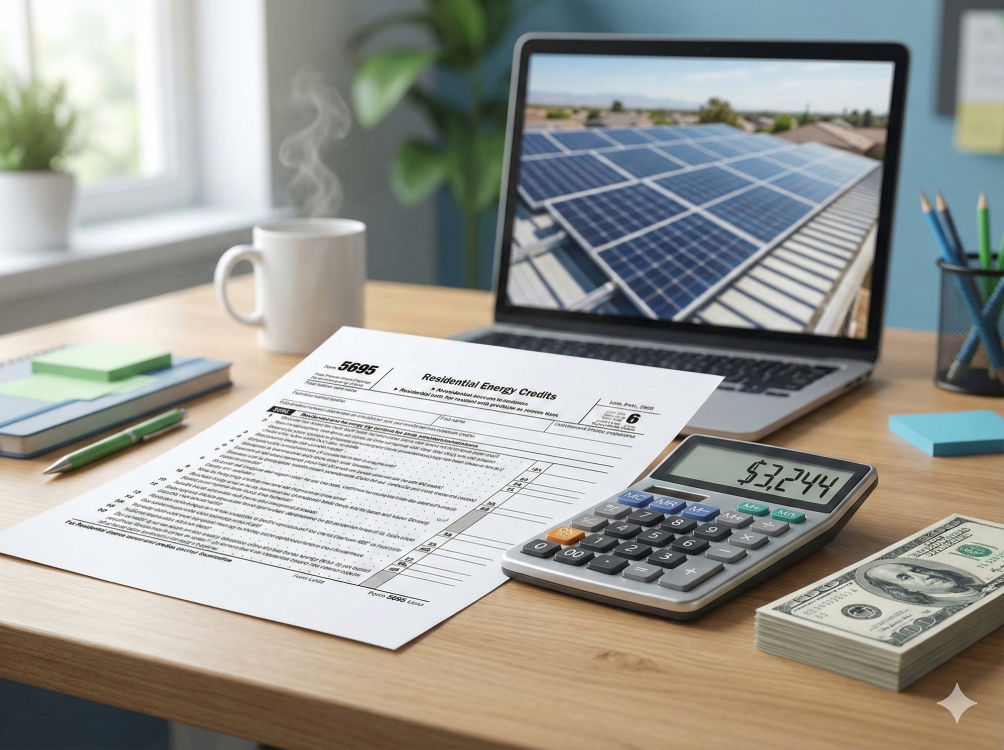 IRS tax form with calculator and money representing federal energy tax credit savings