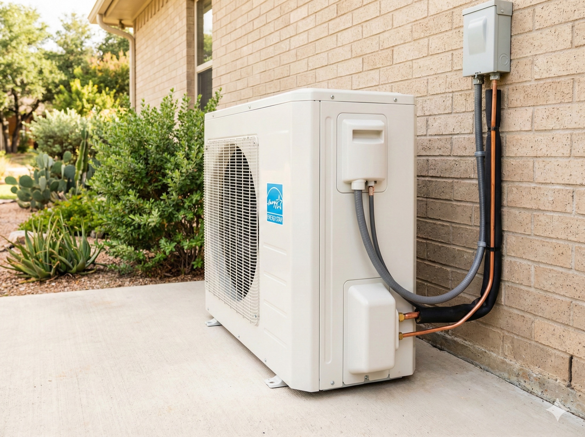 Modern heat pump unit installed outside a Texas home, representing energy-efficient HVAC upgrades eligible for tax credits