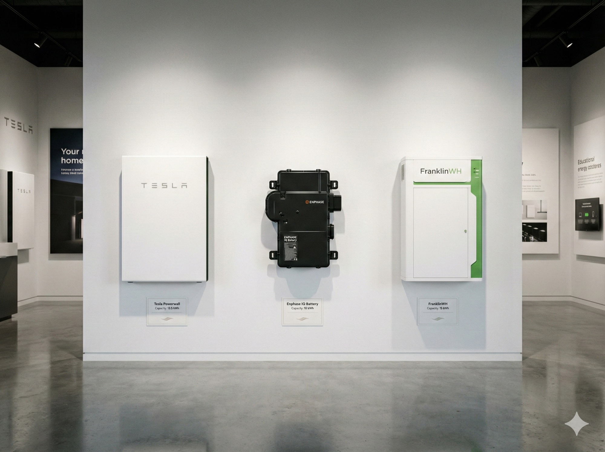 Three leading home battery brands compared: Tesla Powerwall, Enphase IQ Battery, and FranklinWH systems displayed in showroom