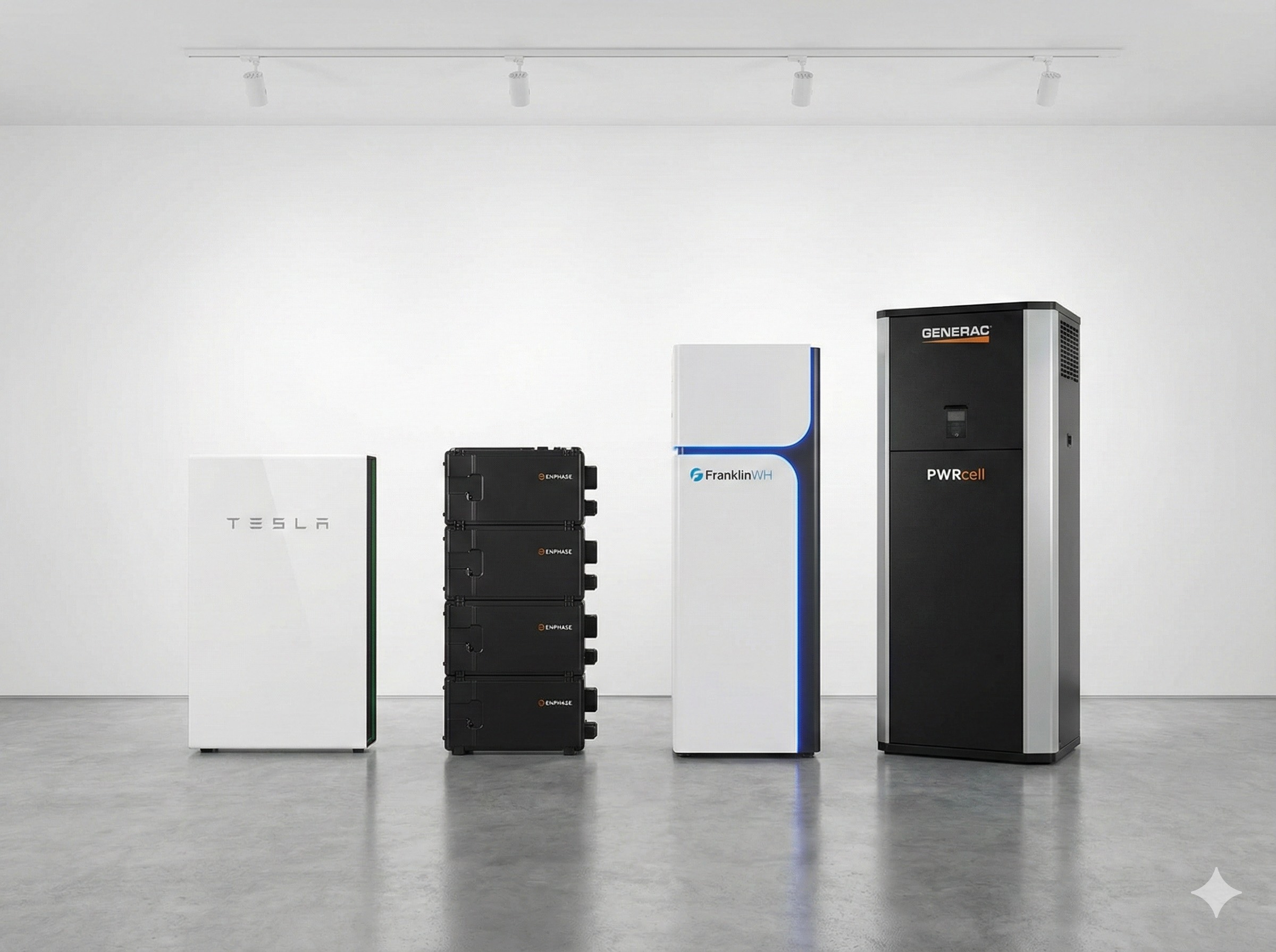 Side-by-side comparison of Tesla Powerwall, Enphase IQ Battery, FranklinWH, and Generac PWRcell home batteries