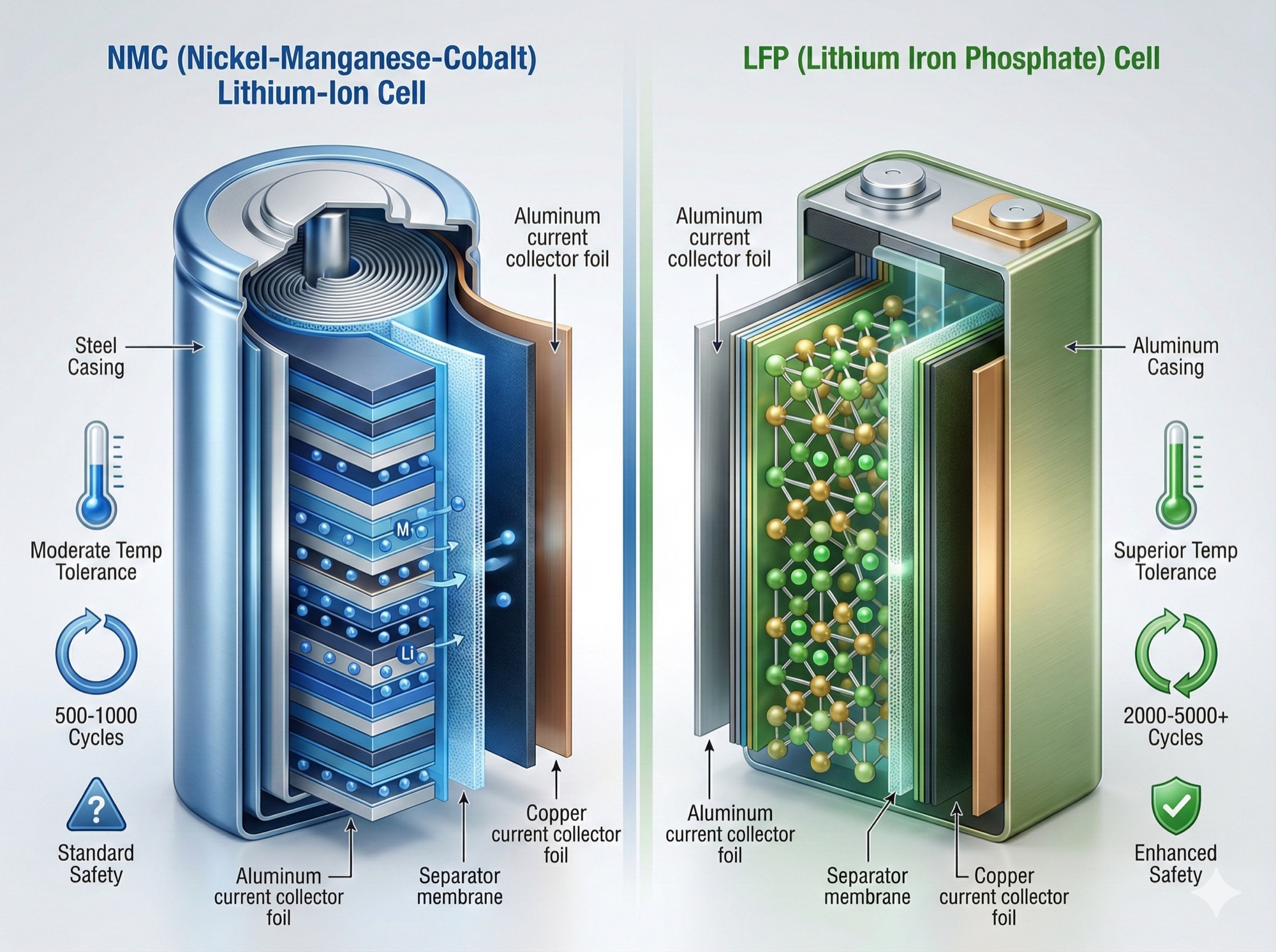 LFP vs lithium-ion battery technology comparison showing cell structure and performance differences