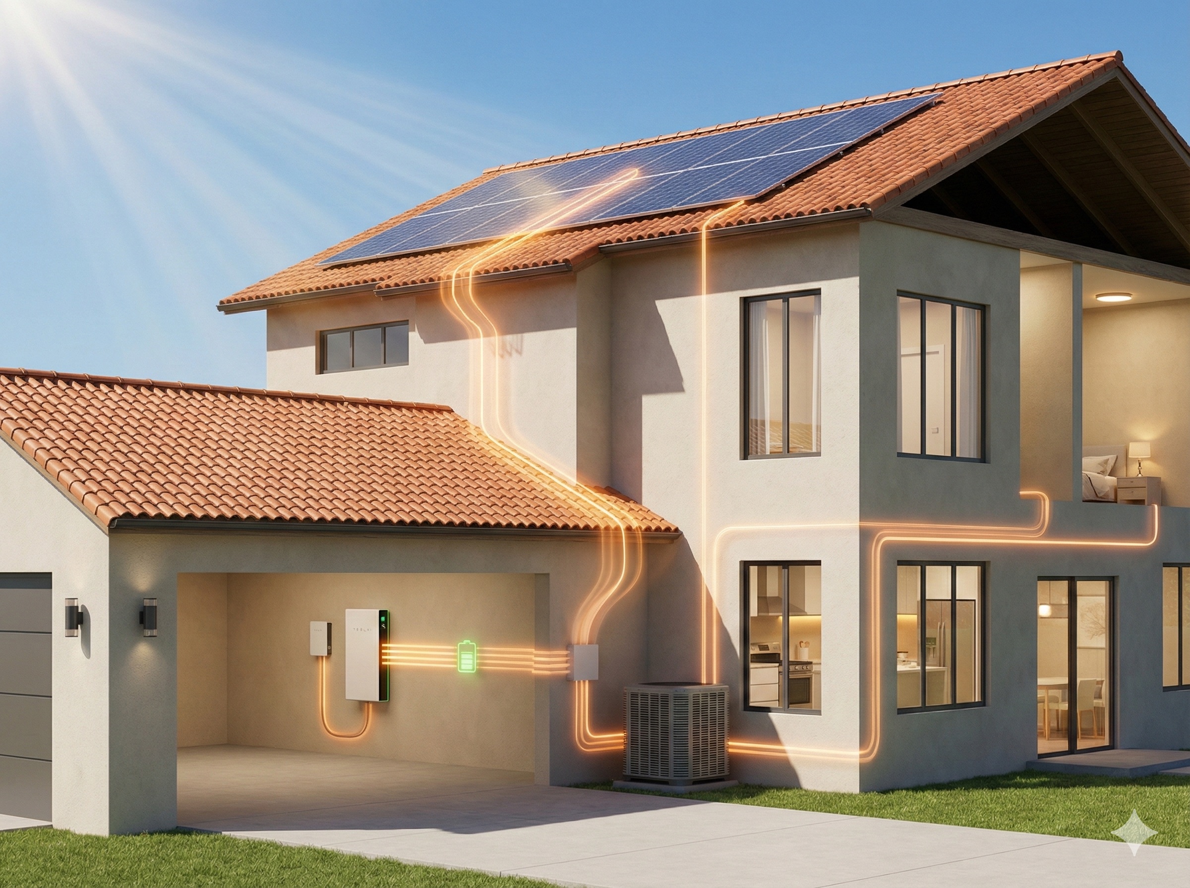 Diagram showing energy flow from solar panels to home battery to household appliances