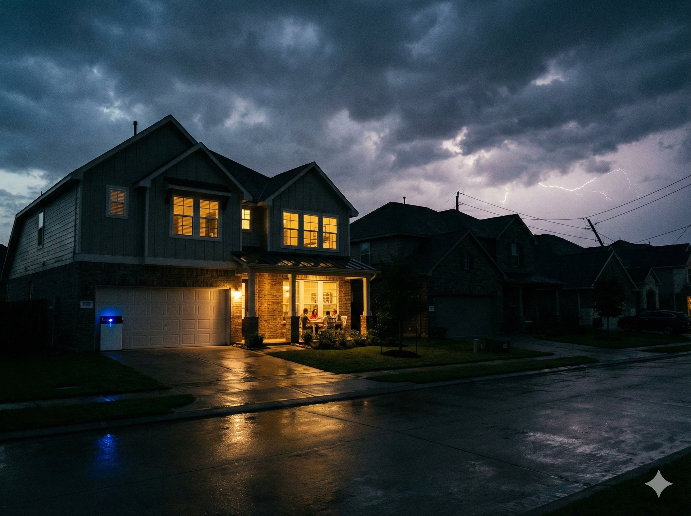 Lit home with battery backup during neighborhood power outage in Texas