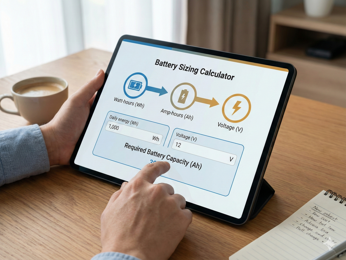 Digital tablet displaying battery capacity calculator with watt-hour to amp-hour conversions