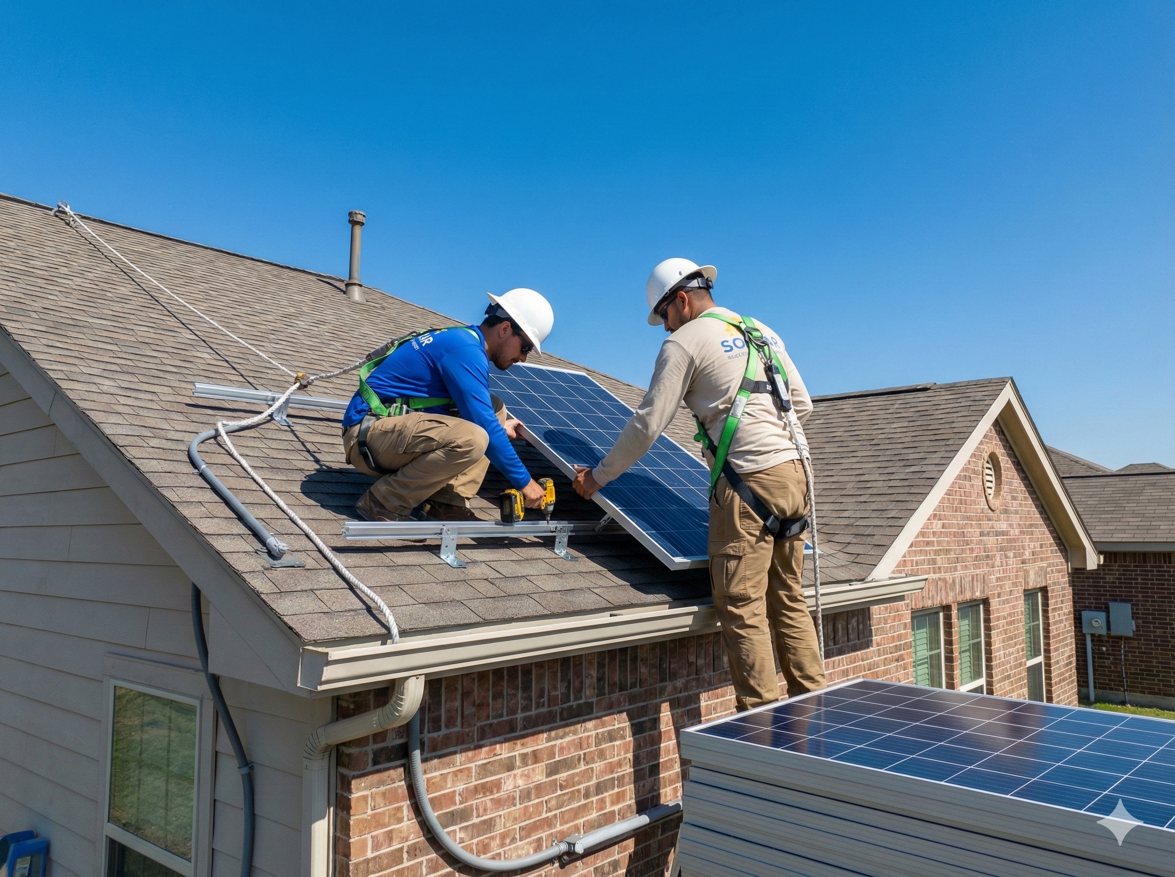 Professional solar installers securing panels on Texas home roof