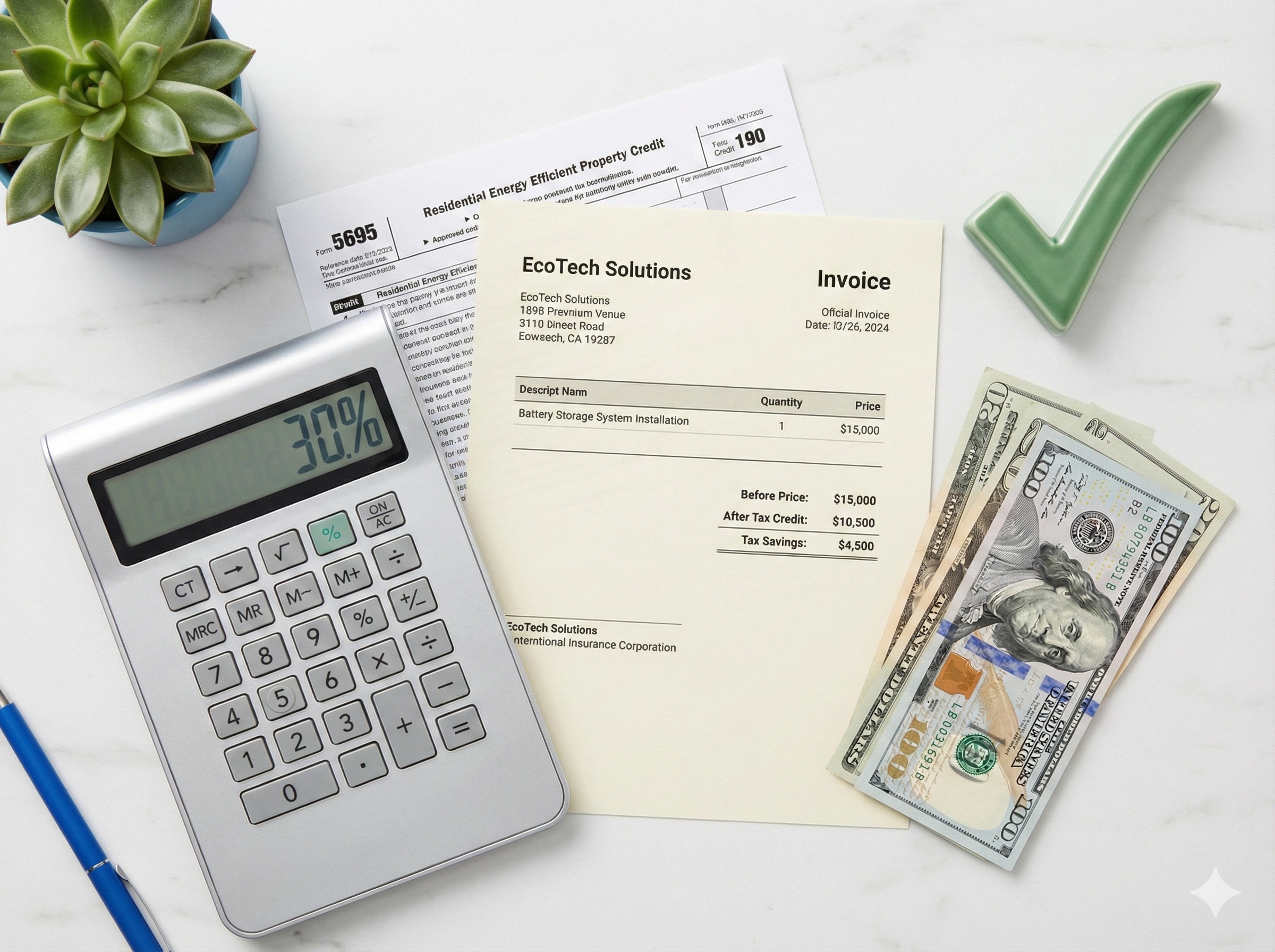 Calculator and tax documents showing 30% savings on battery storage installation costs for federal clean energy tax credit