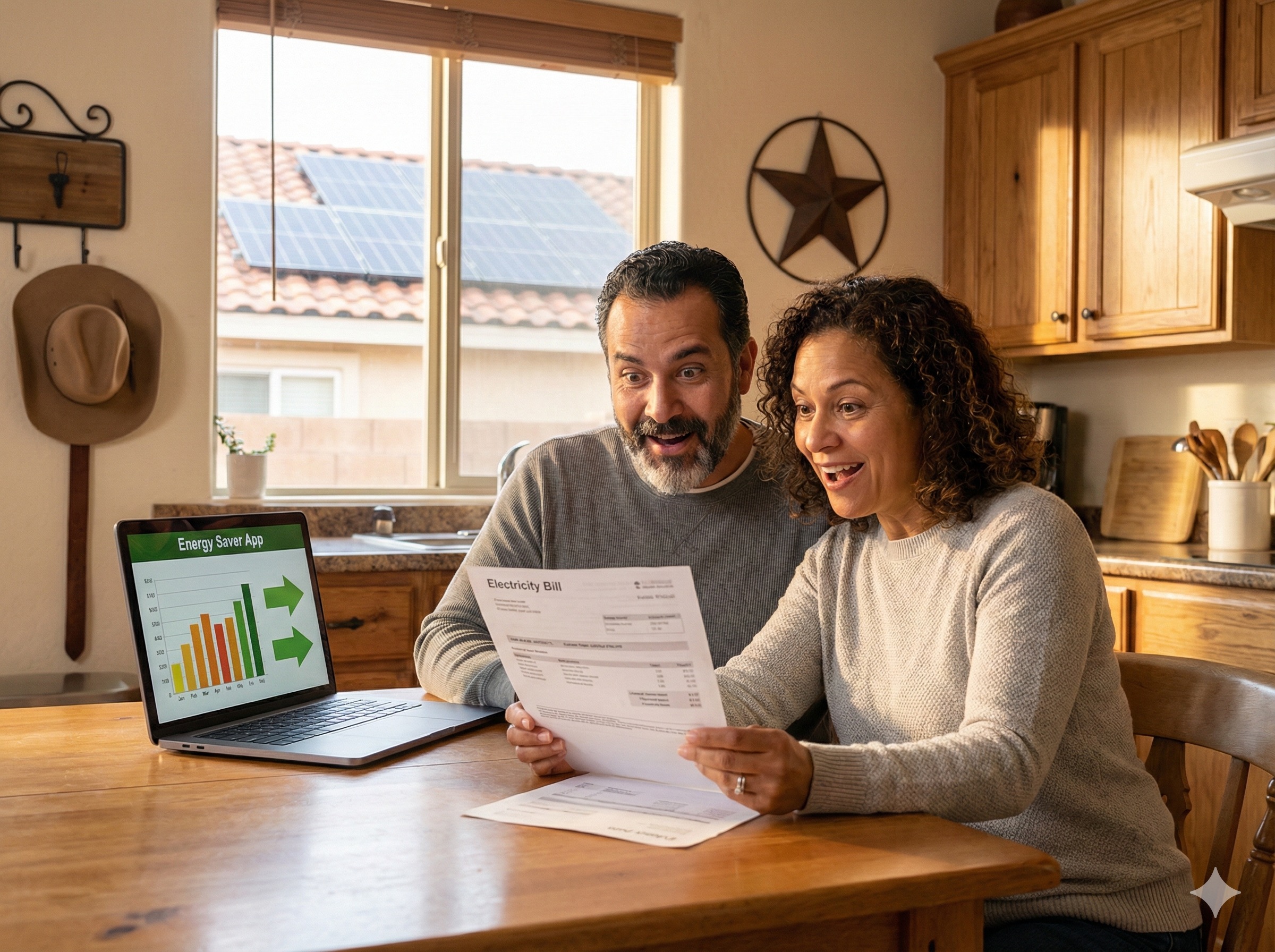 Texas couple reviewing electricity bill savings from solar installation