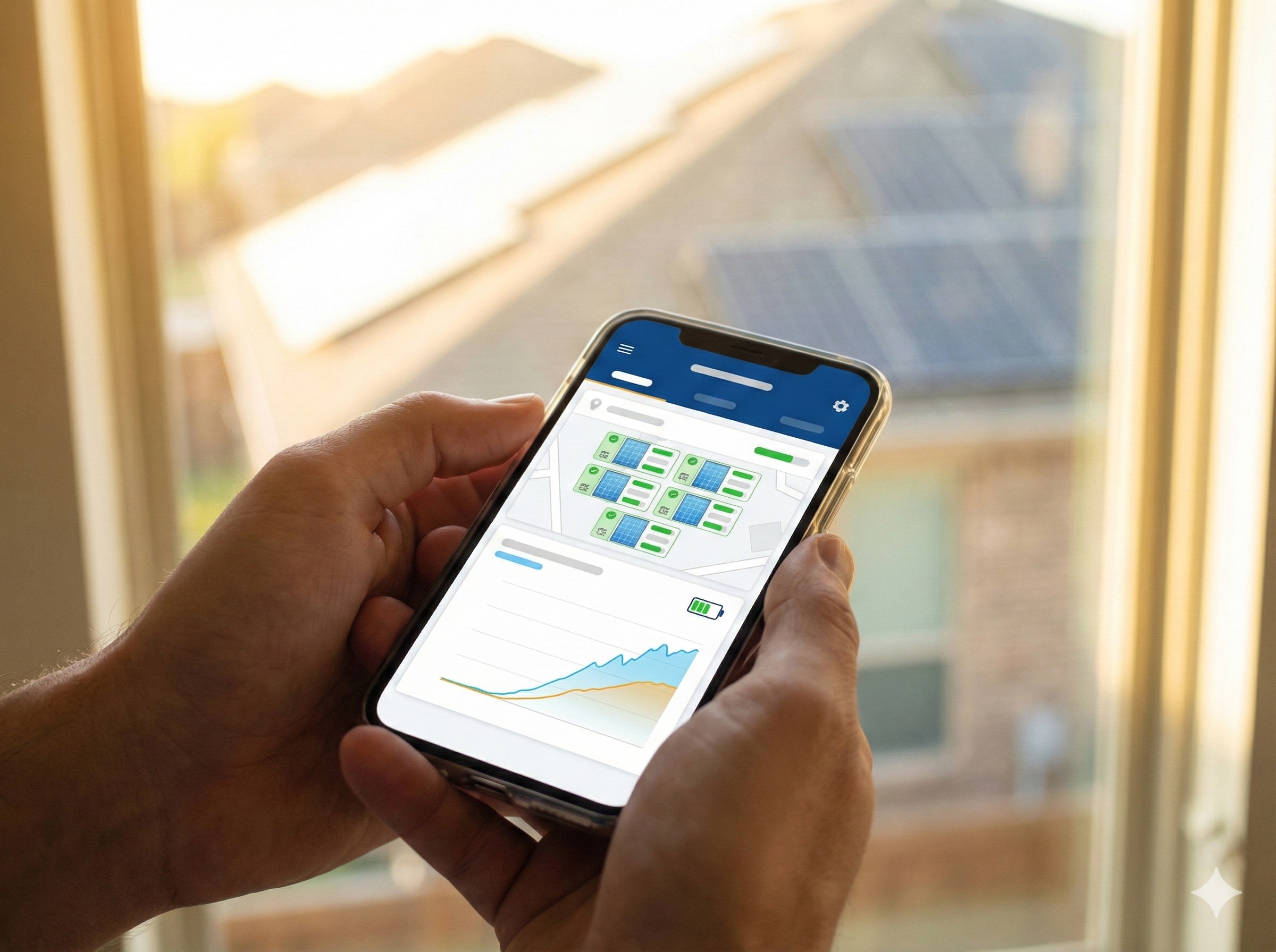 Smartphone displaying smart solar monitoring app with panel-level production data and real-time energy graphs