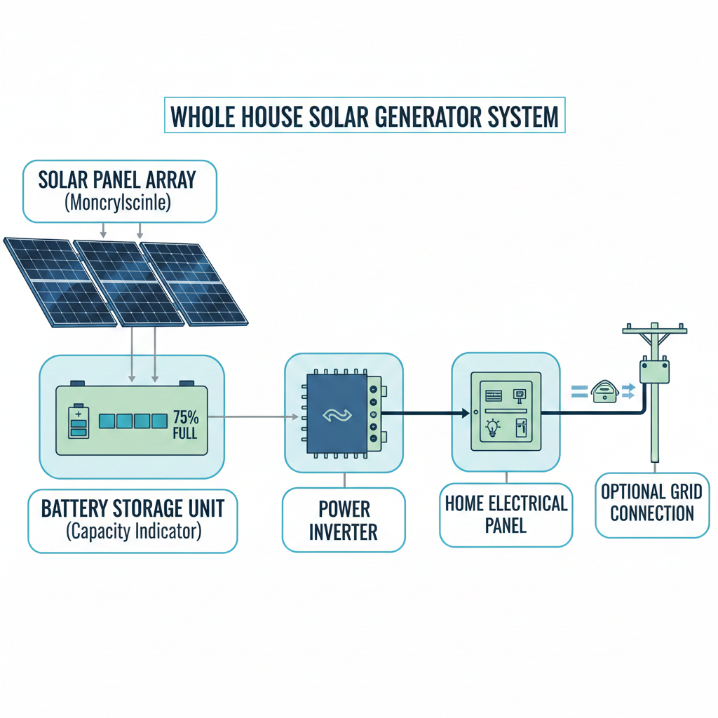 Solar generator system components diagram showing solar panels battery storage inverter and home connection