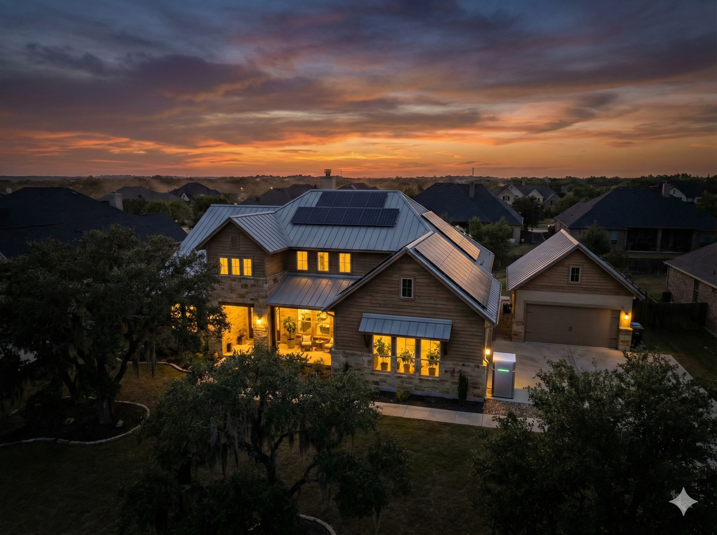 Texas suburban home with rooftop solar panels and battery backup system providing power during evening hours