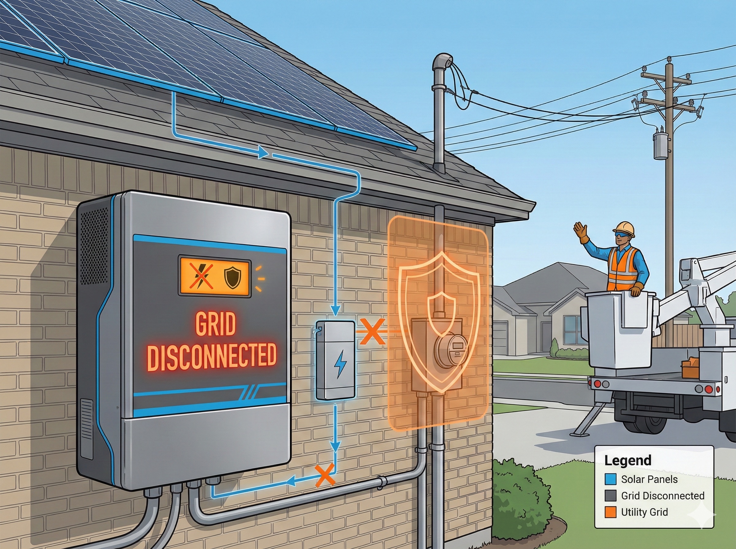Diagram showing anti-islanding protection mechanism disconnecting solar panels from grid during outage