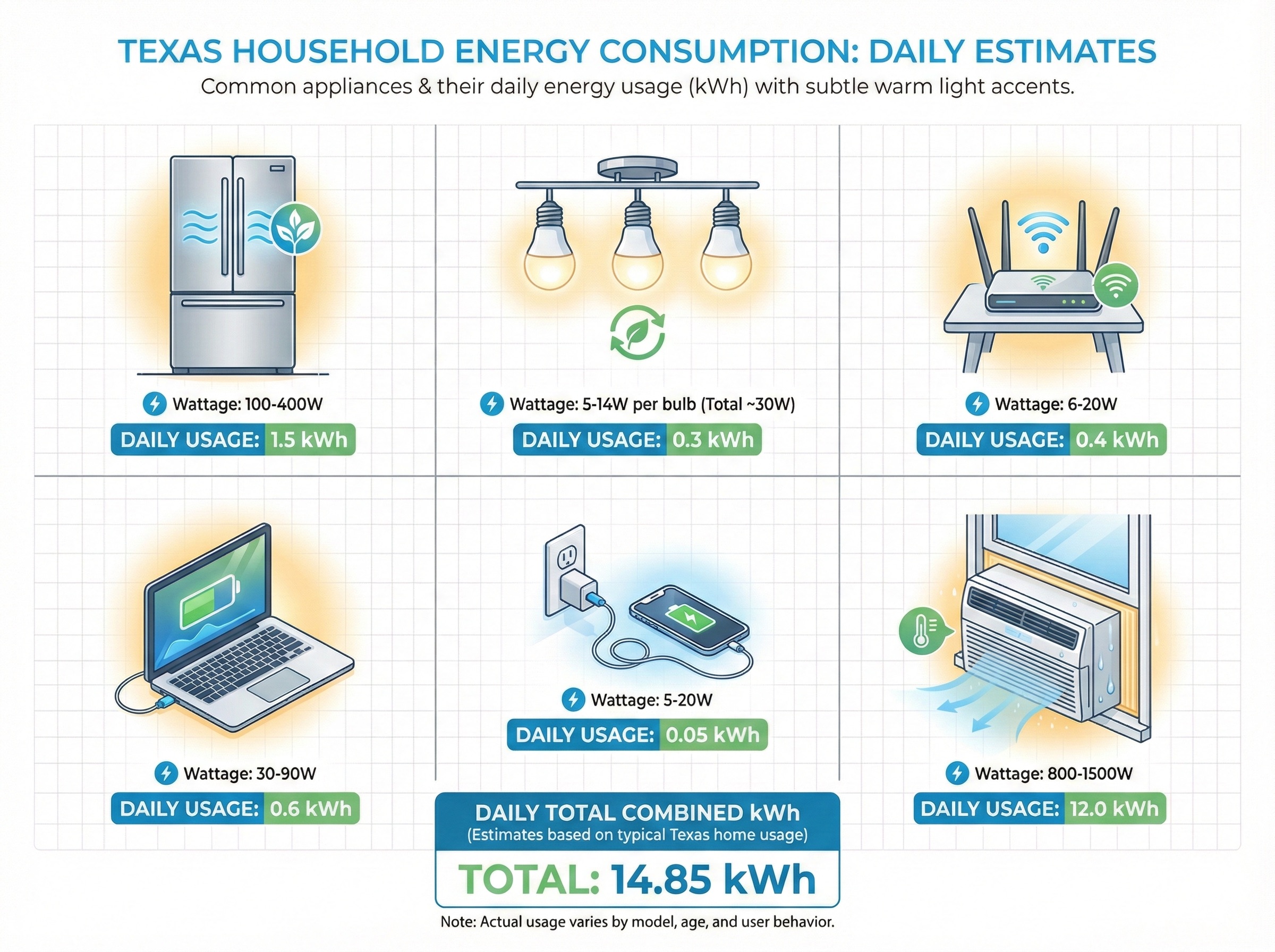 Visual comparison of common household appliances and their energy consumption in watts