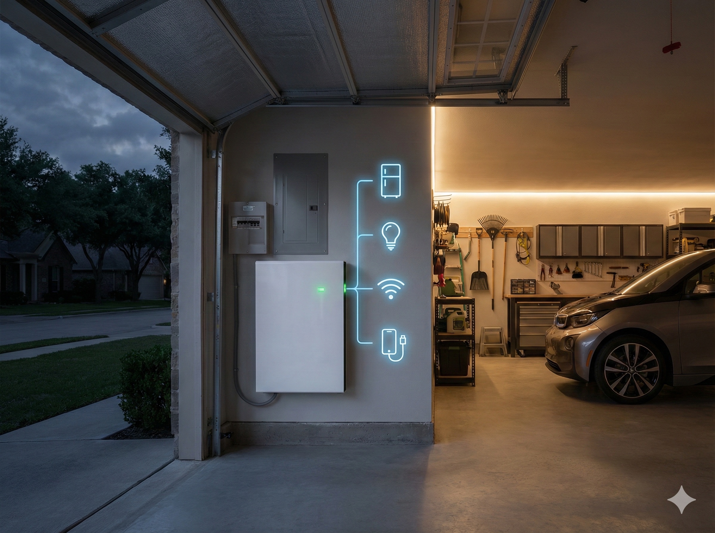 Home battery storage system connected to solar panels providing backup power during grid outage