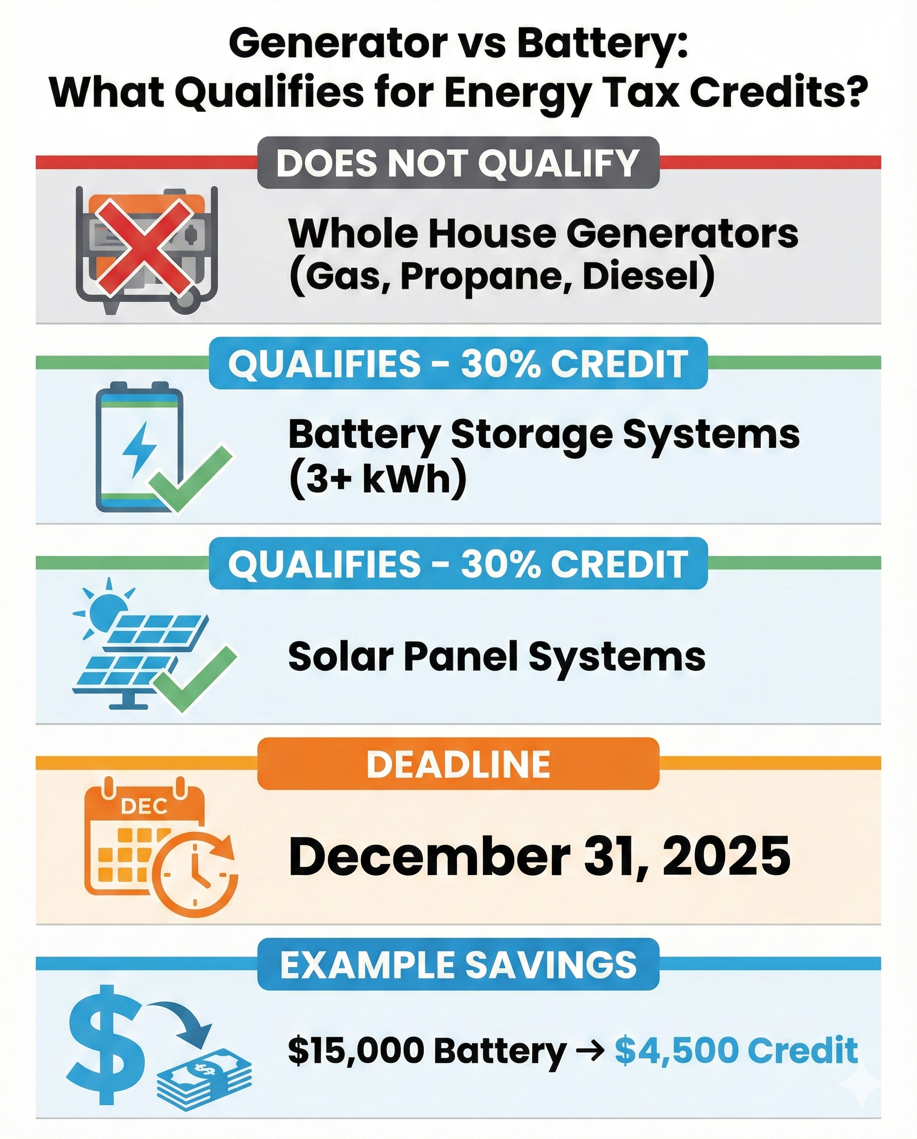 Energy tax credit infographic showing what qualifies, deadline December 31 2025, and example $4500 savings