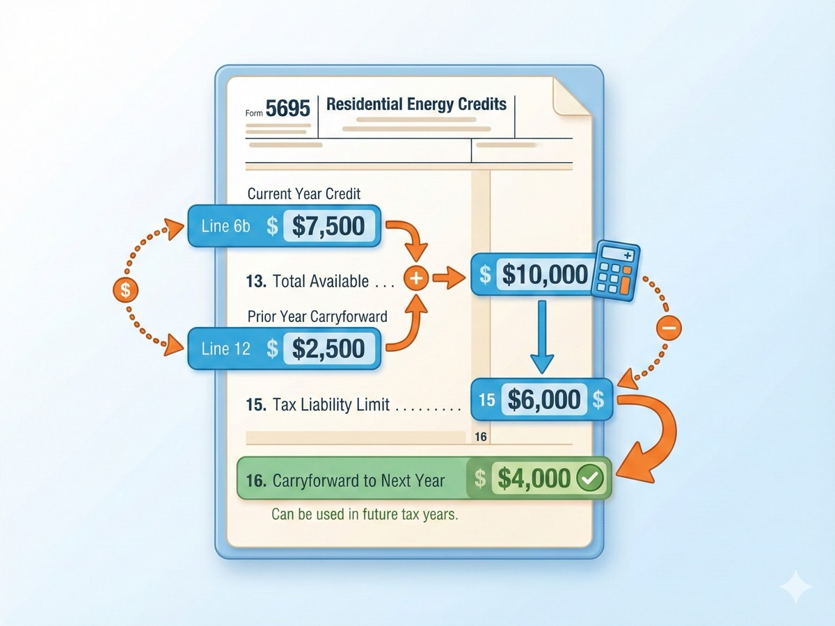 Illustrated Form 5695 showing how residential energy credit carryforward is calculated with highlighted key lines and arrows