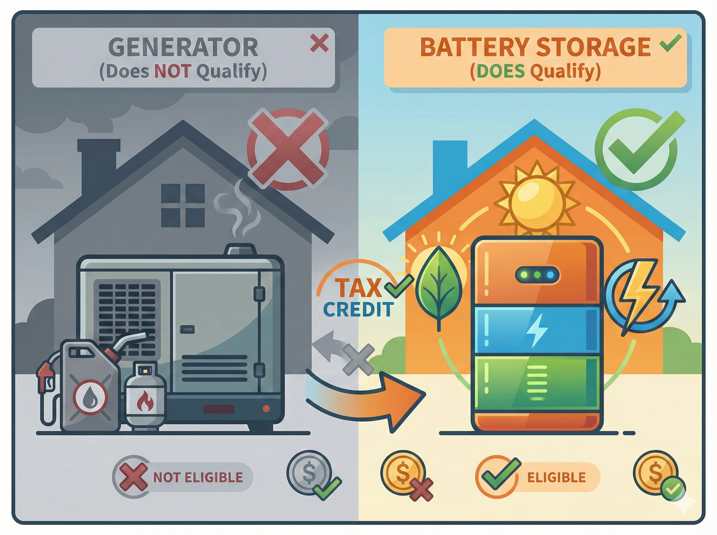 Side-by-side comparison of generators vs battery backup systems for tax credit eligibility