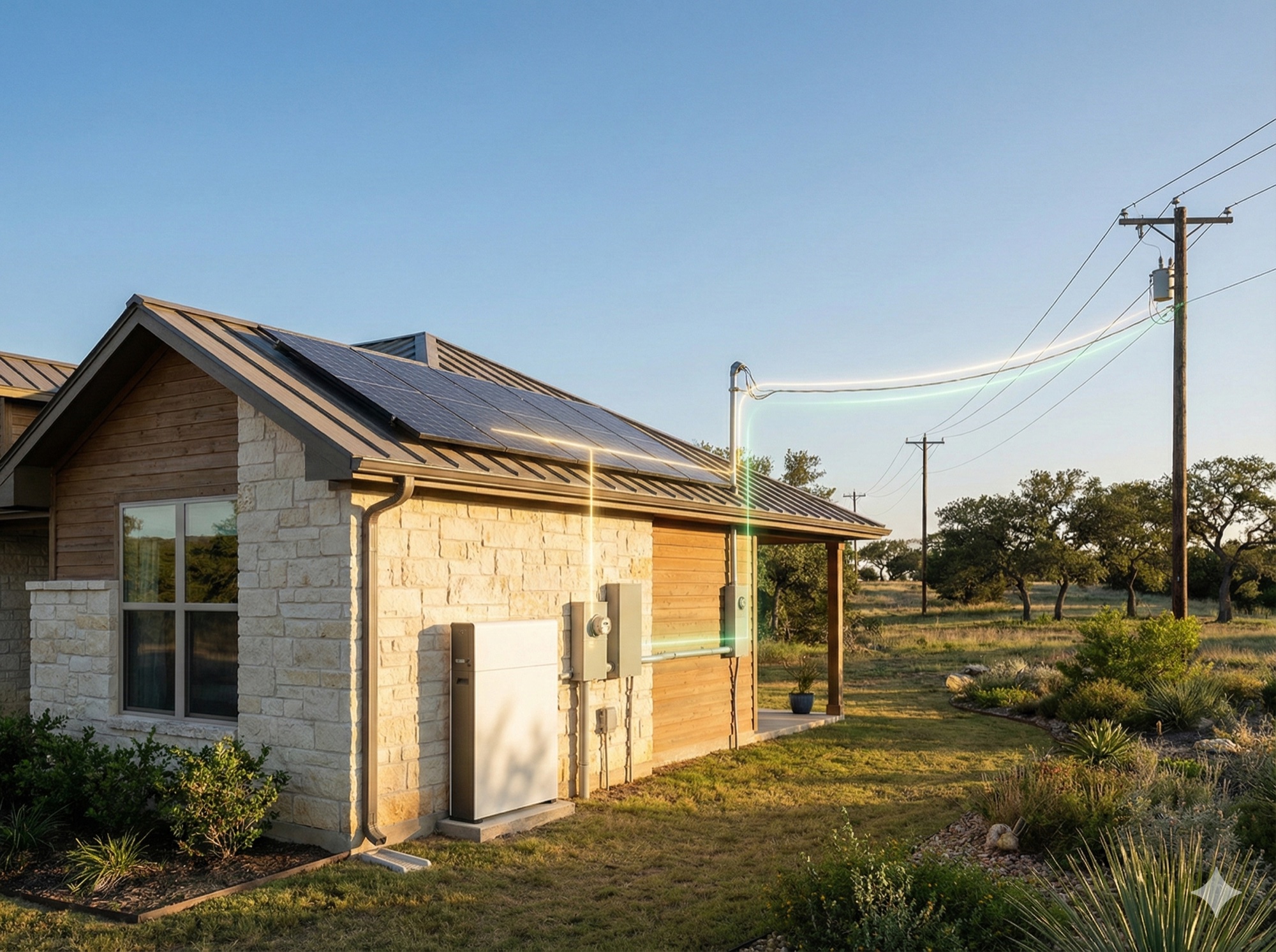 Texas home with solar panels showing grid connection option and battery backup for reliability