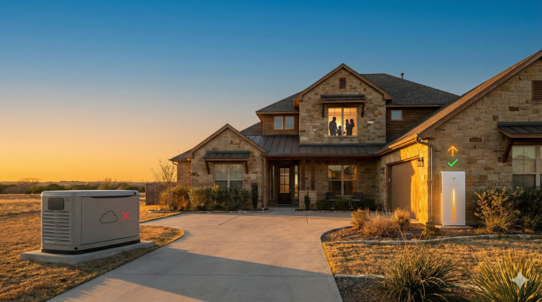 Texas home at sunset comparing whole house generator vs battery backup for energy tax credit eligibility