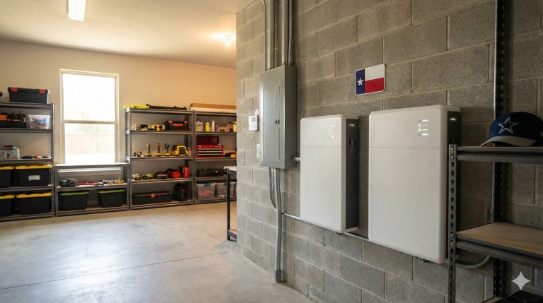 Modern home battery storage system installed in a Texas home garage showing sleek white battery units