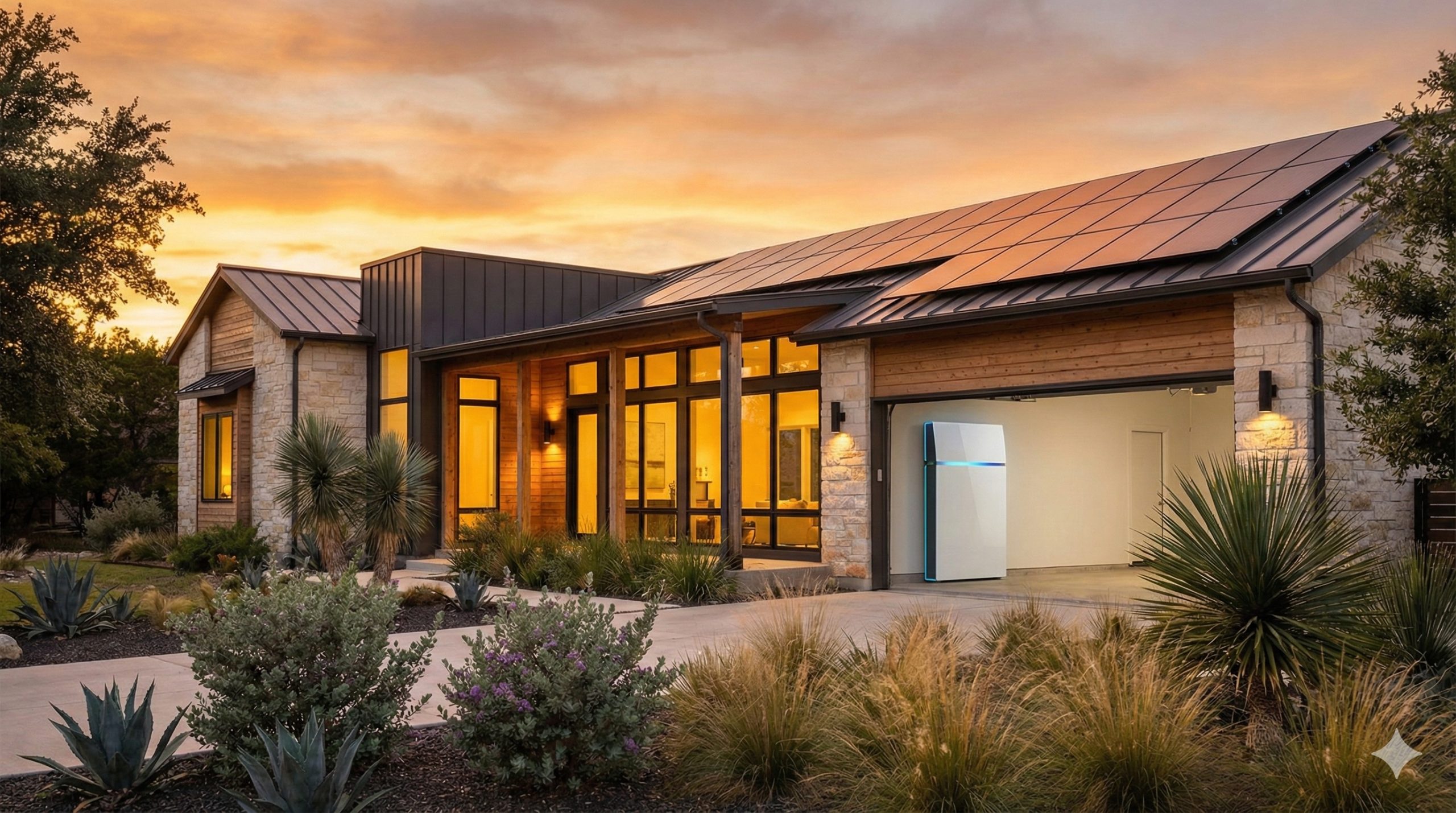Modern Texas home with solar panels and home battery storage system at sunset