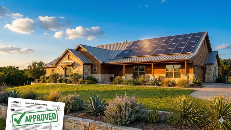 Modern Texas ranch home with rooftop solar panels under bright blue sky, representing residential energy credit carryforward benefits