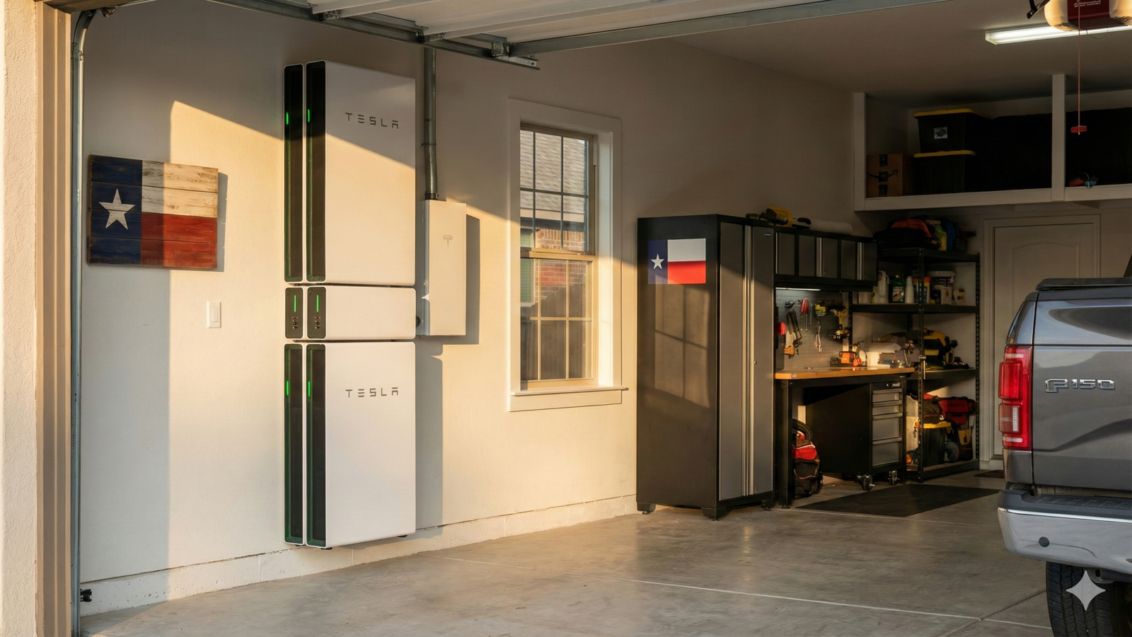 Modern home battery storage system installed in a Texas home garage