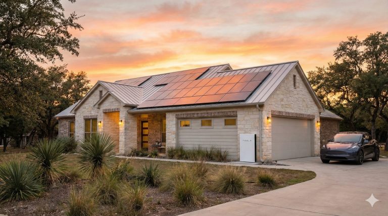 Modern Texas home with solar panels and Tesla Powerwall battery system at sunset