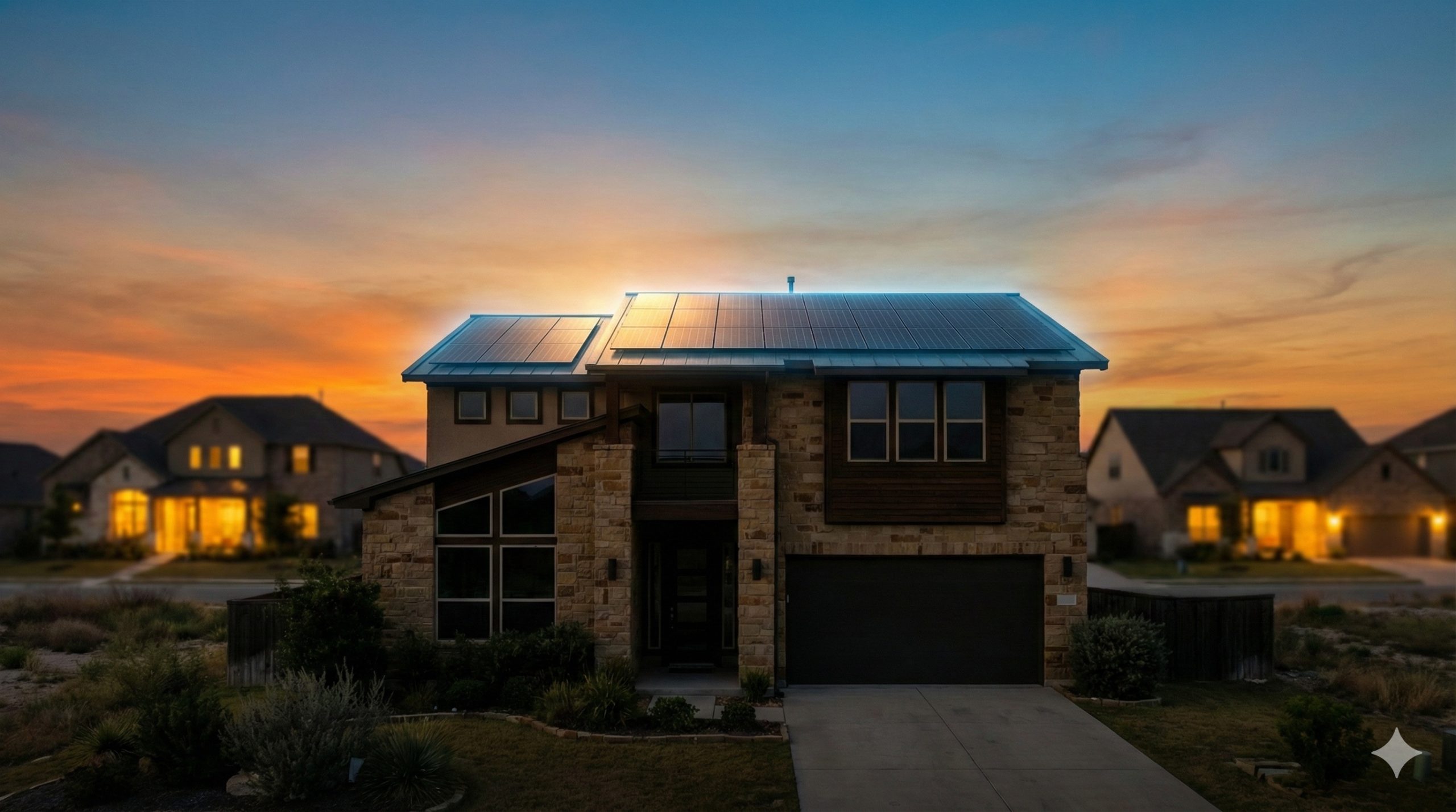 Solar panels on residential roof providing backup power during outage
