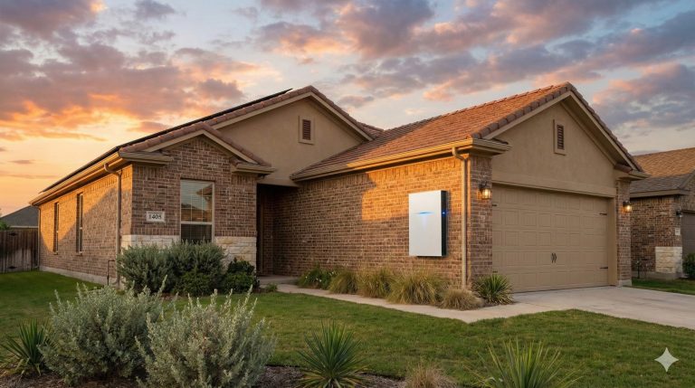 Modern Texas home with whole house battery backup system installed on garage wall during golden hour sunset
