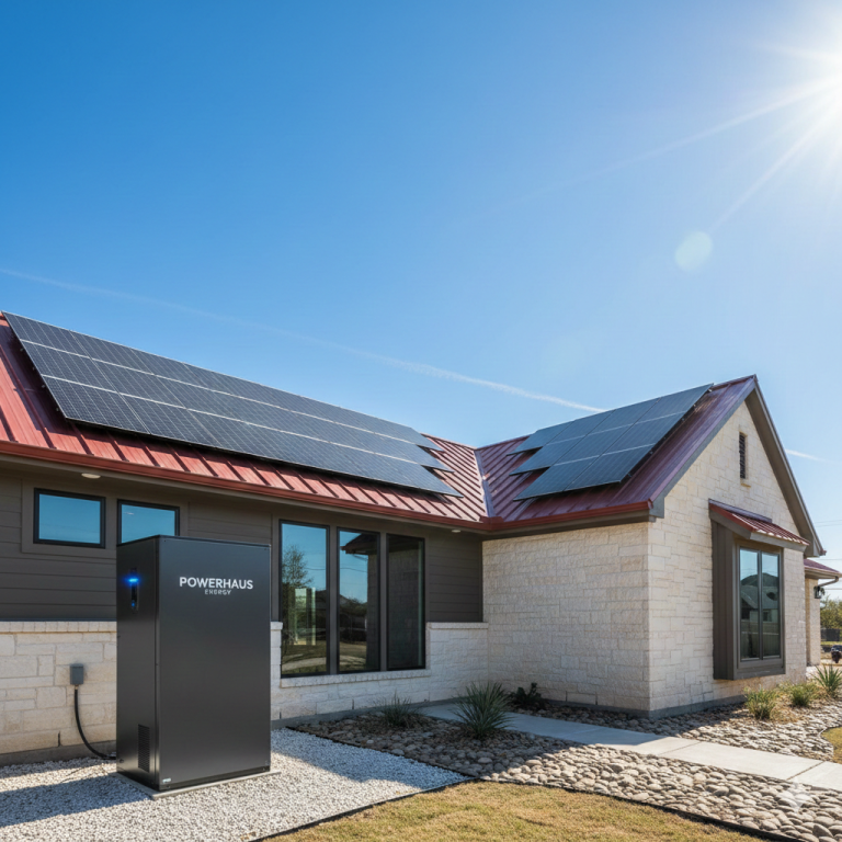 Whole house solar generator system with solar panels installed at a Texas home providing backup power