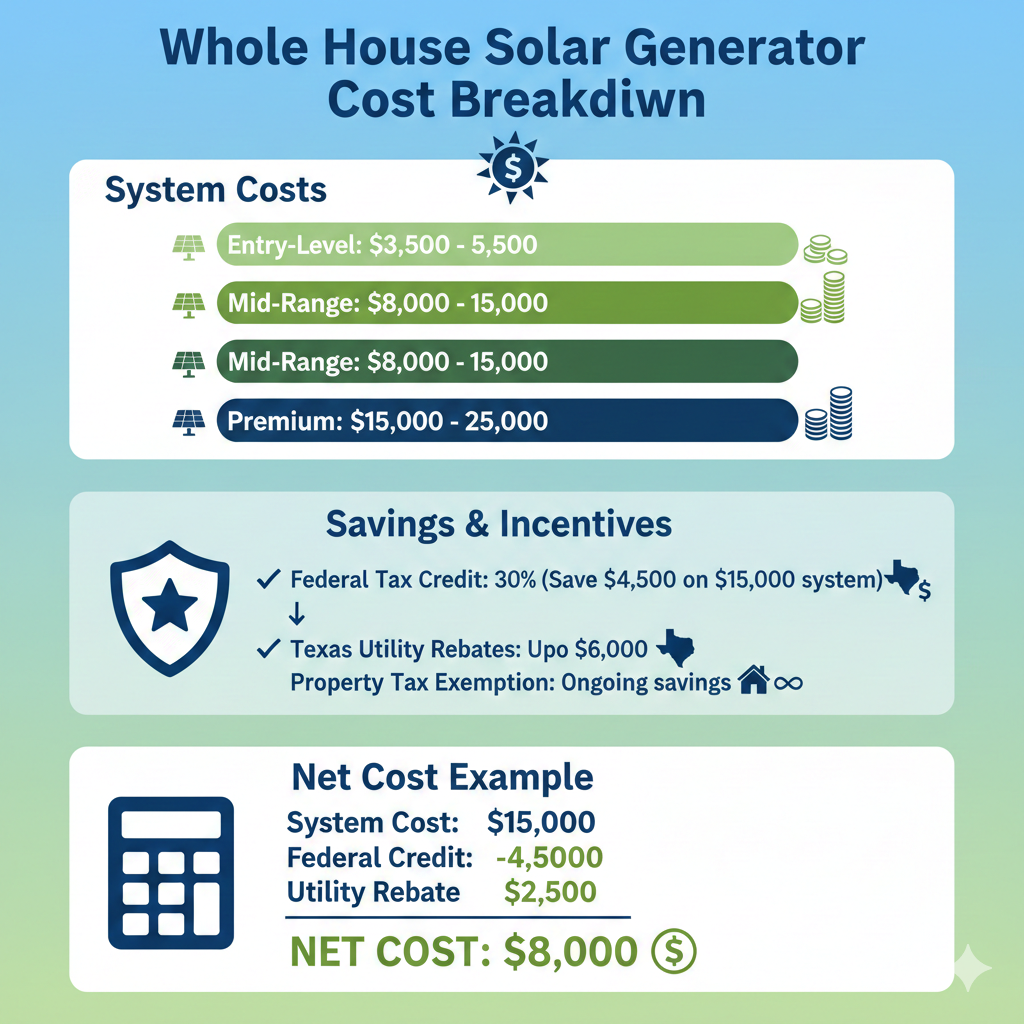Infographic showing whole house solar generator costs from $3,500 to $25,000 with federal tax credits and Texas incentives reducing net cost