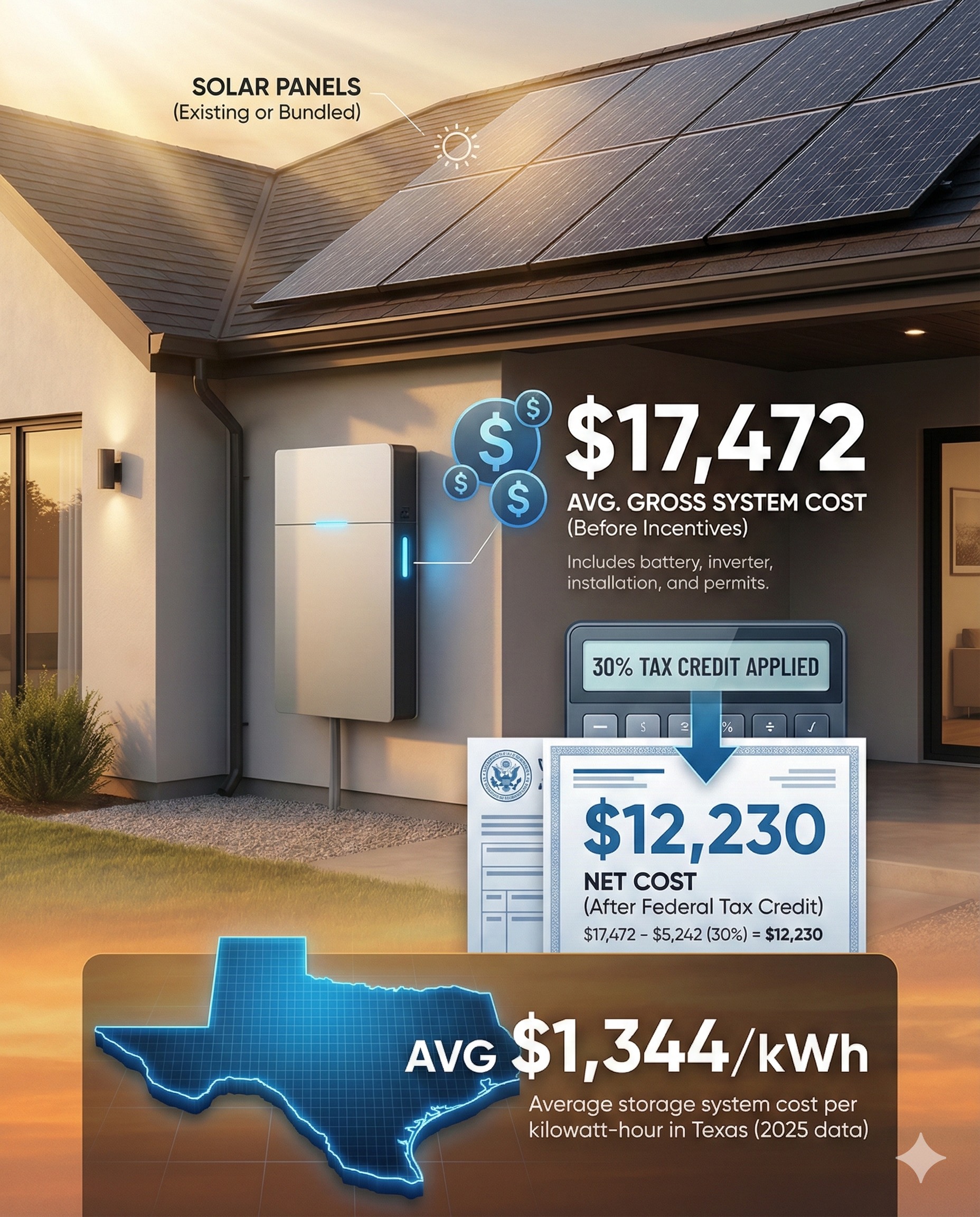 Texas solar battery cost infographic showing $17,472 average cost before 30% tax credit reducing to $12,230