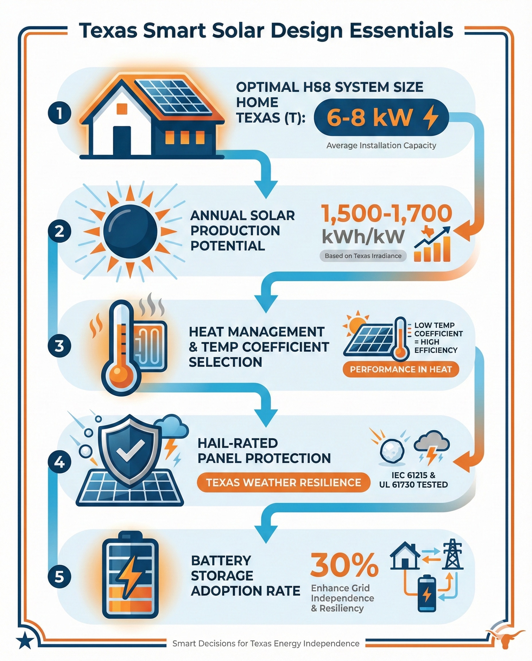 Texas Smart Solar Design Essentials infographic showing system sizing, production potential, heat management, storm protection, and battery integration