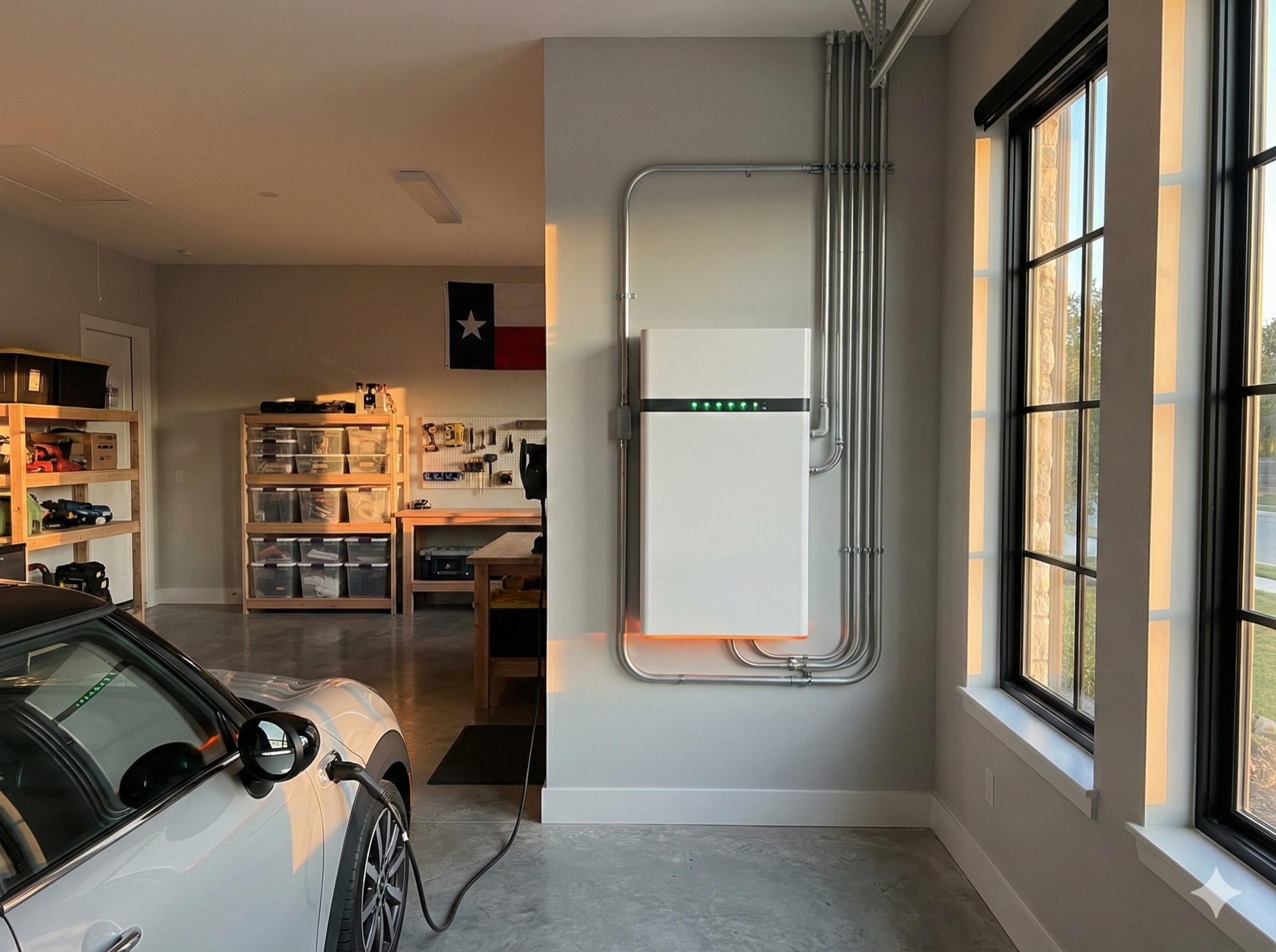 Professionally installed home battery storage system in a clean modern garage