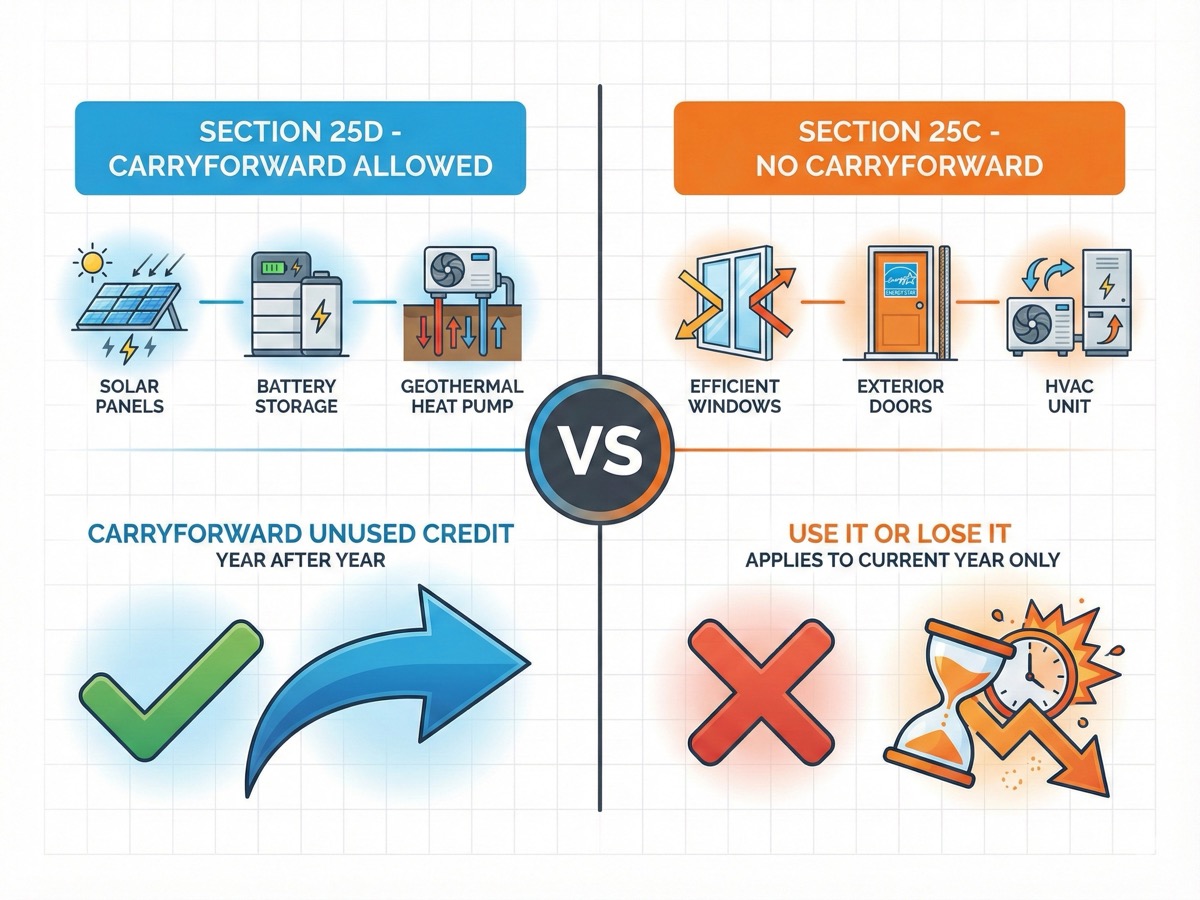 Comparison graphic showing Section 25D credits (solar, batteries) allow carryforward while Section 25C credits (windows, HVAC) do not