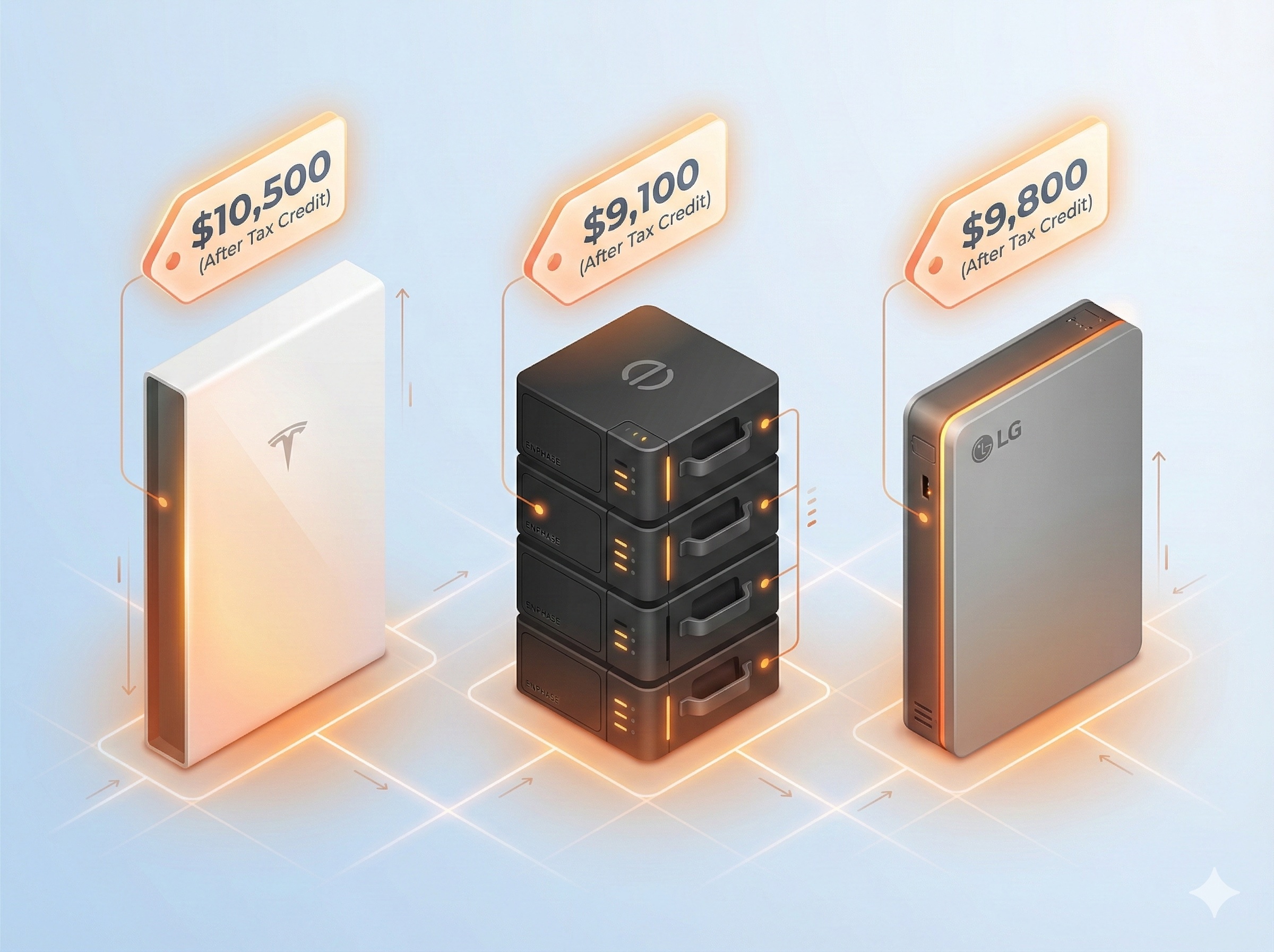 Solar battery cost comparison showing Tesla Powerwall, Enphase, and LG units with 2025 Texas pricing