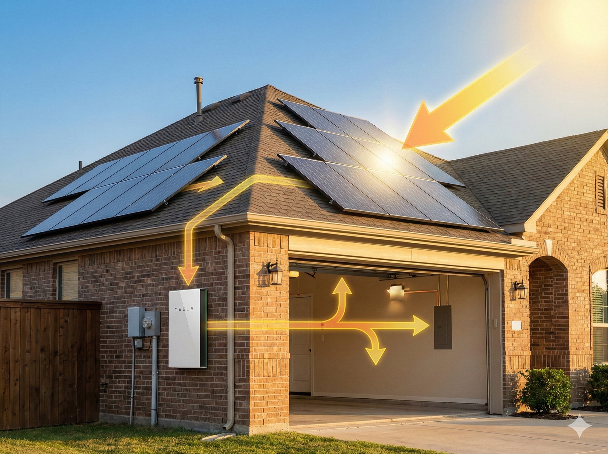 Solar panel system diagram showing panels on roof, inverter, and battery storage working together