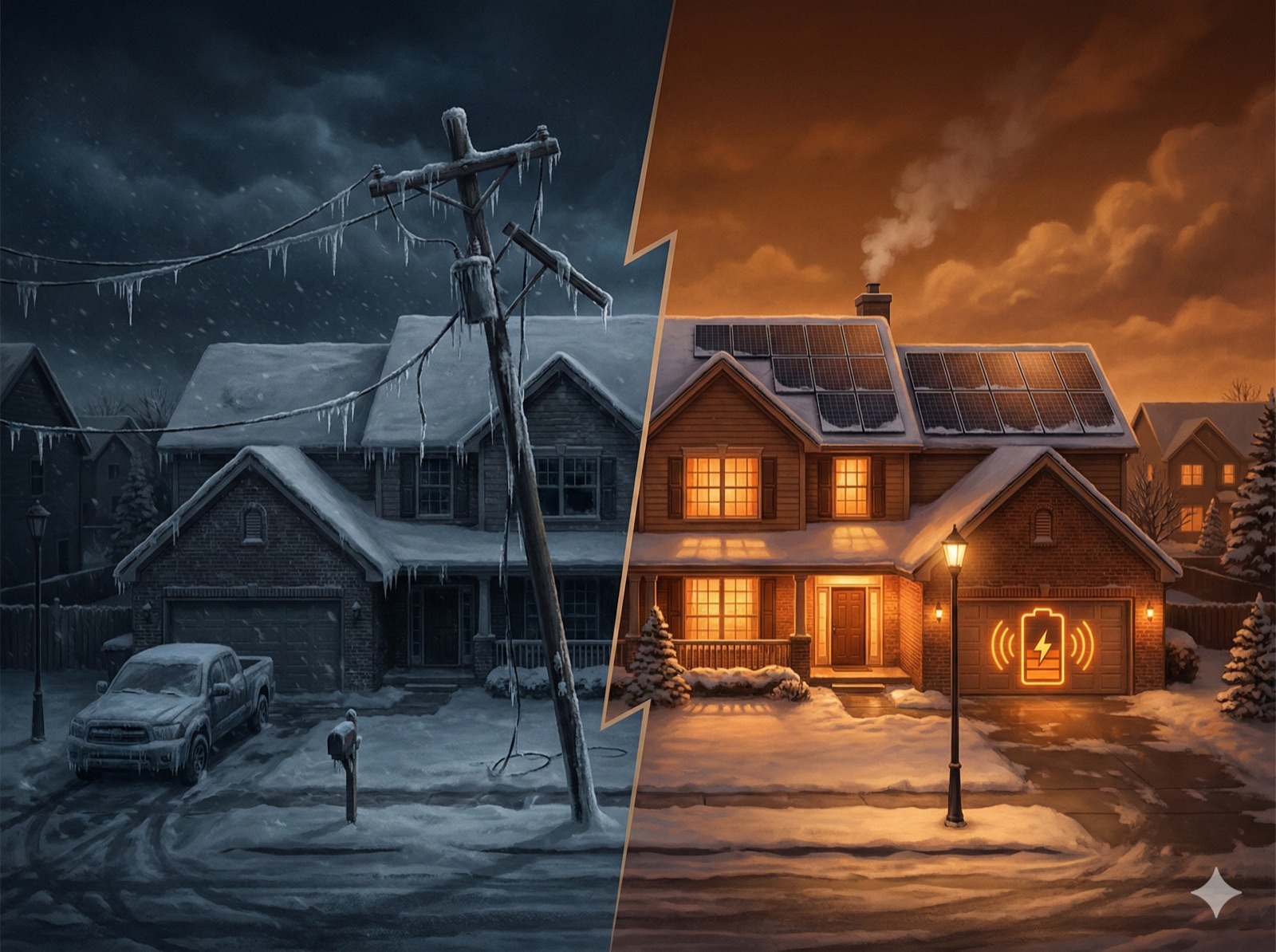 Split illustration showing Texas home without power during storm versus home with solar battery backup staying lit