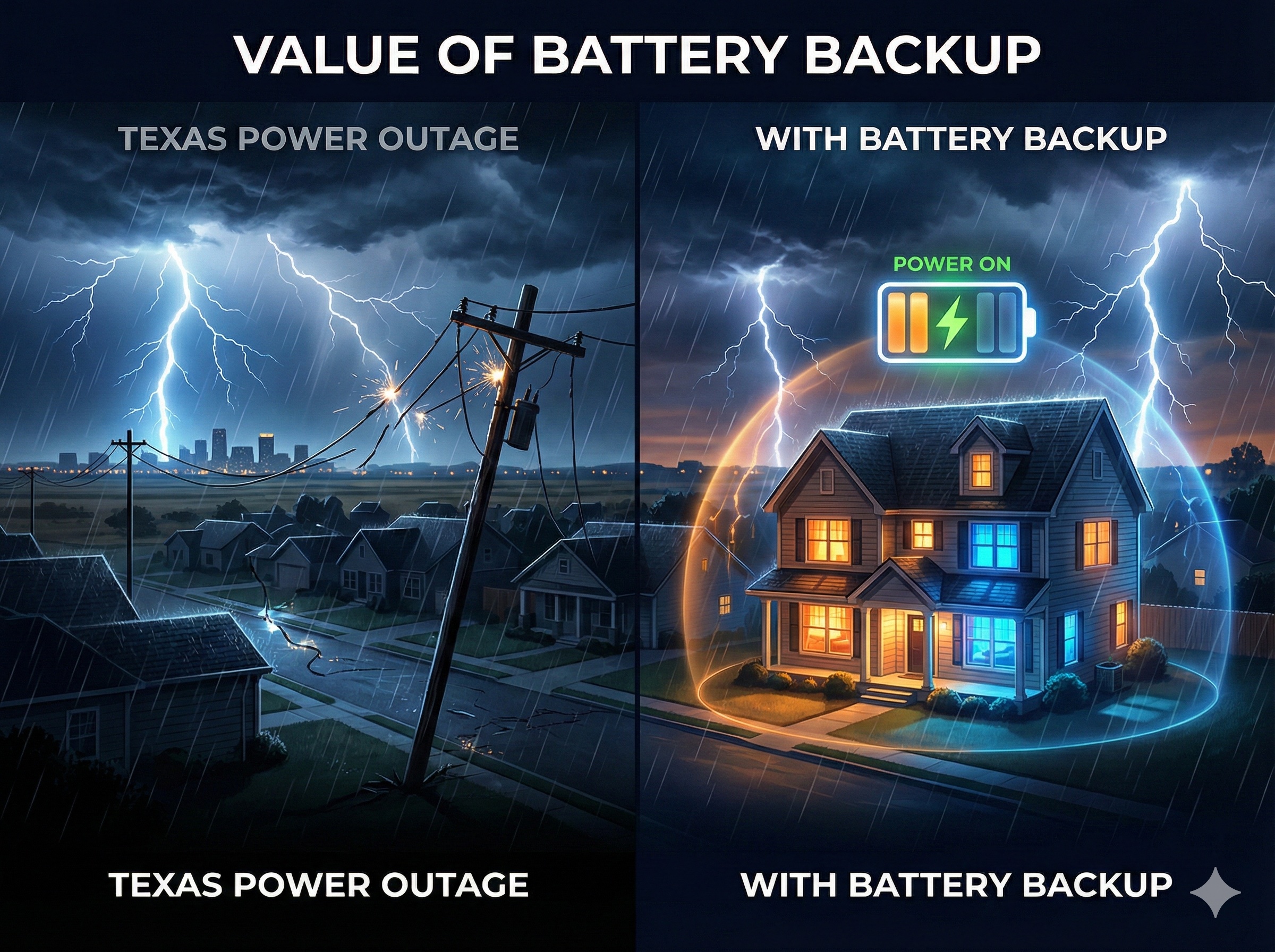 Texas home during power outage with battery backup keeping lights on - grid resilience visualization