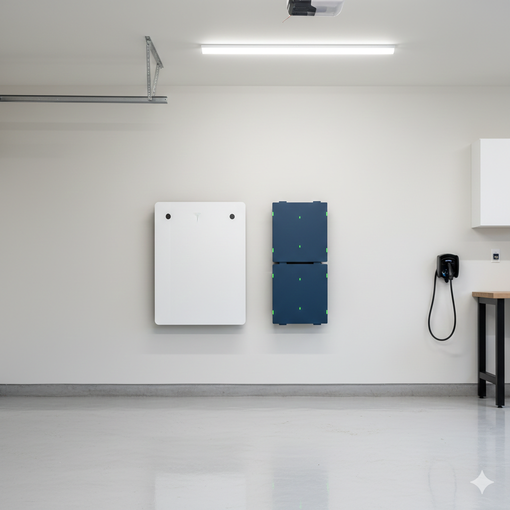 Modern home battery storage systems installed in a clean garage setting showing different battery options